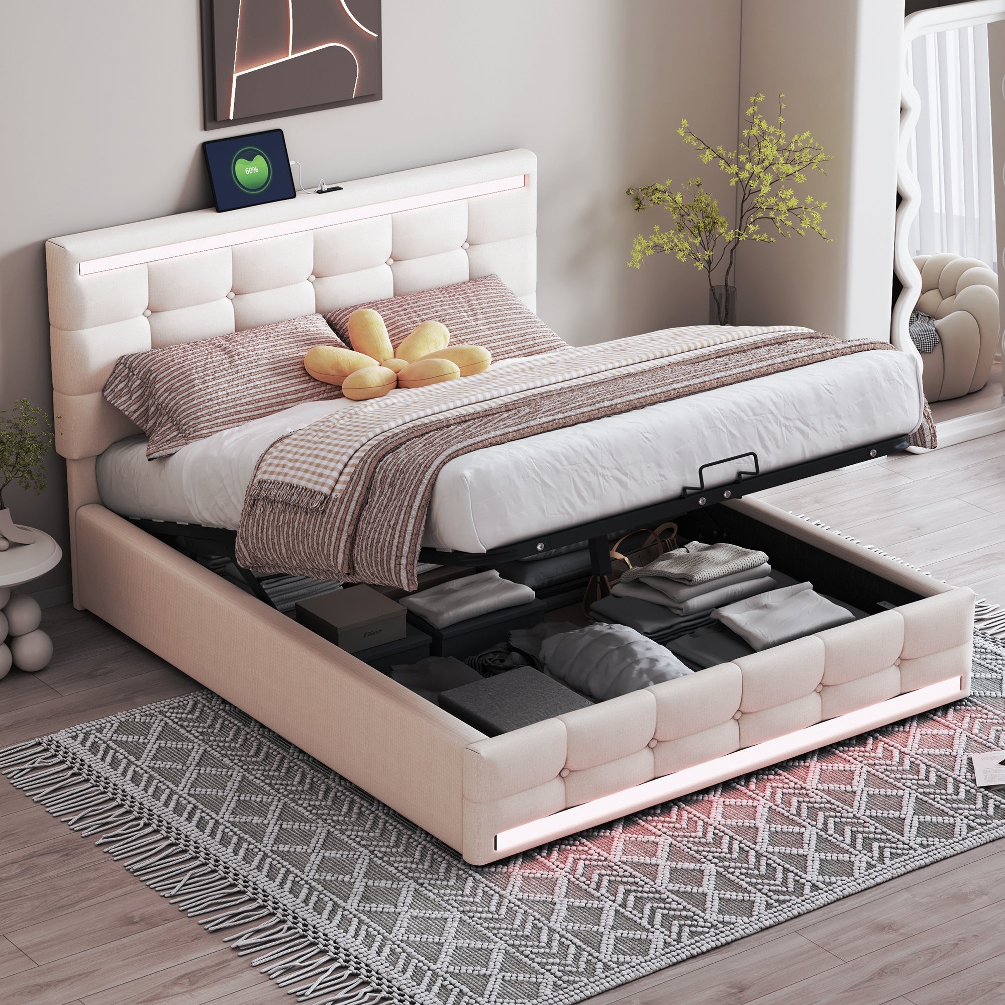 Logidon gestoffeerd bed 140x200 beige met LED verlichting en opbergruimte