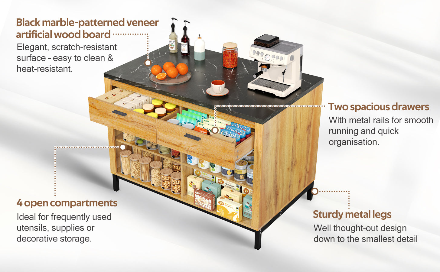 Logidon kitchen island country house style 120x75x90 cm with 2 drawers and 4 shelves