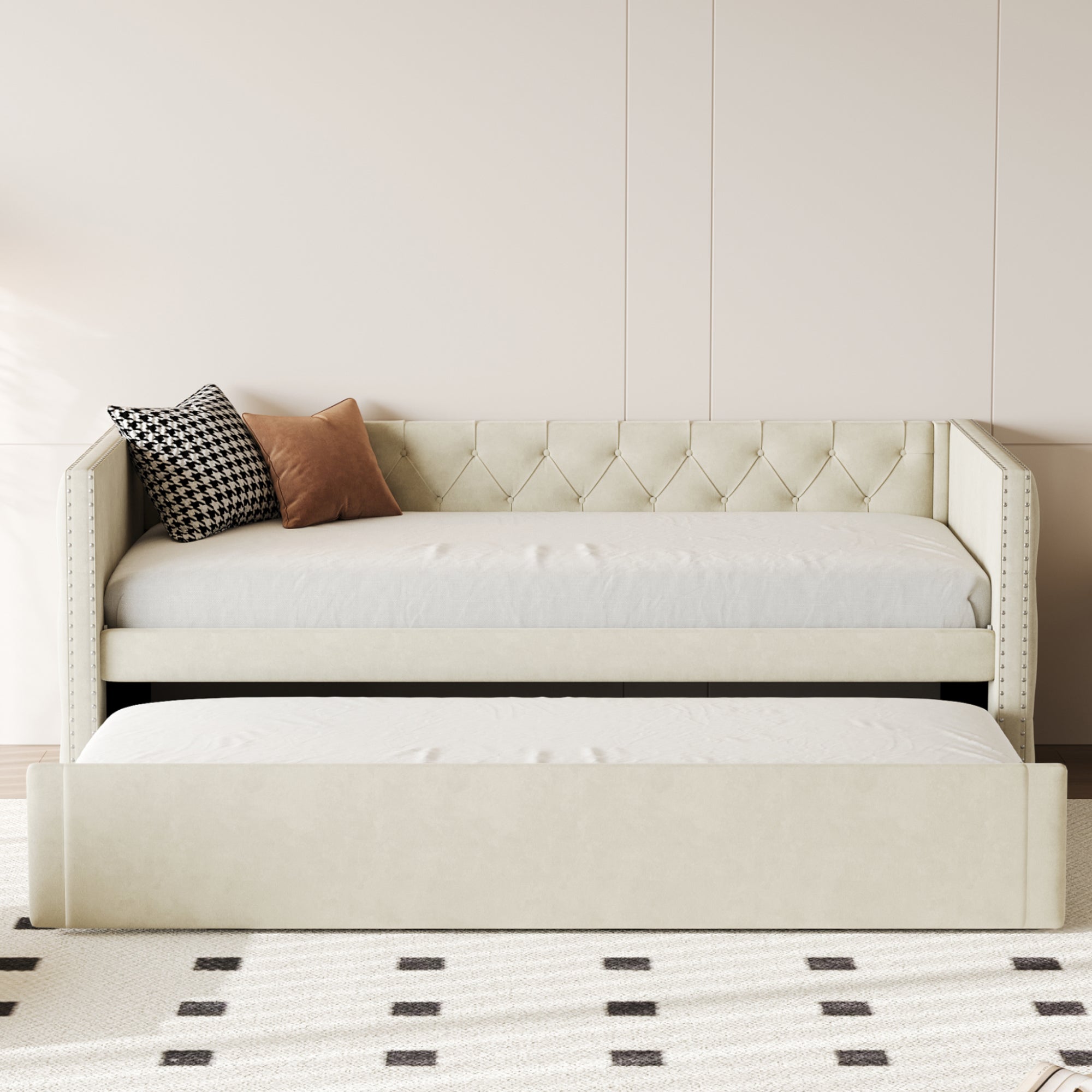 Logidon gestoffeerd bed slaapbank 90x200 beige fluwelen lattenbodem