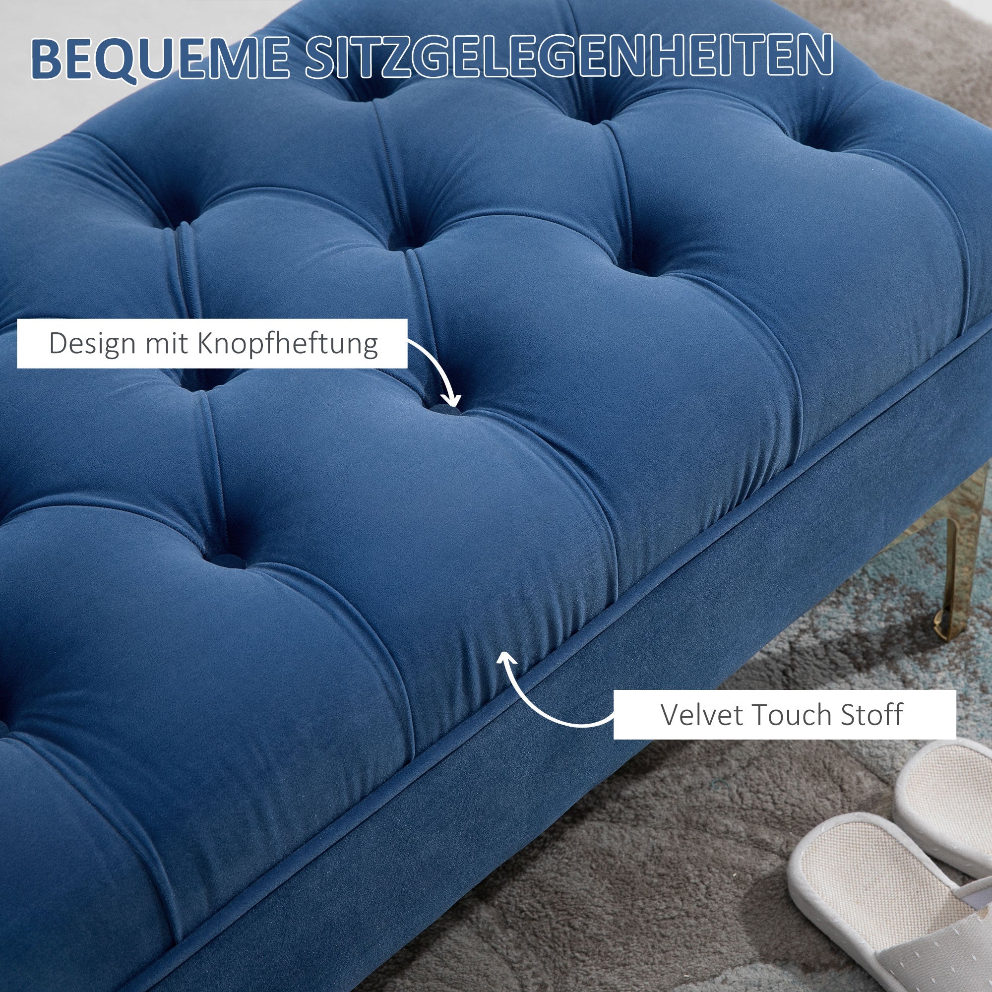 Logidon Blauw Fluwelen Bank met Gouden Poten 118x45x42 Cm