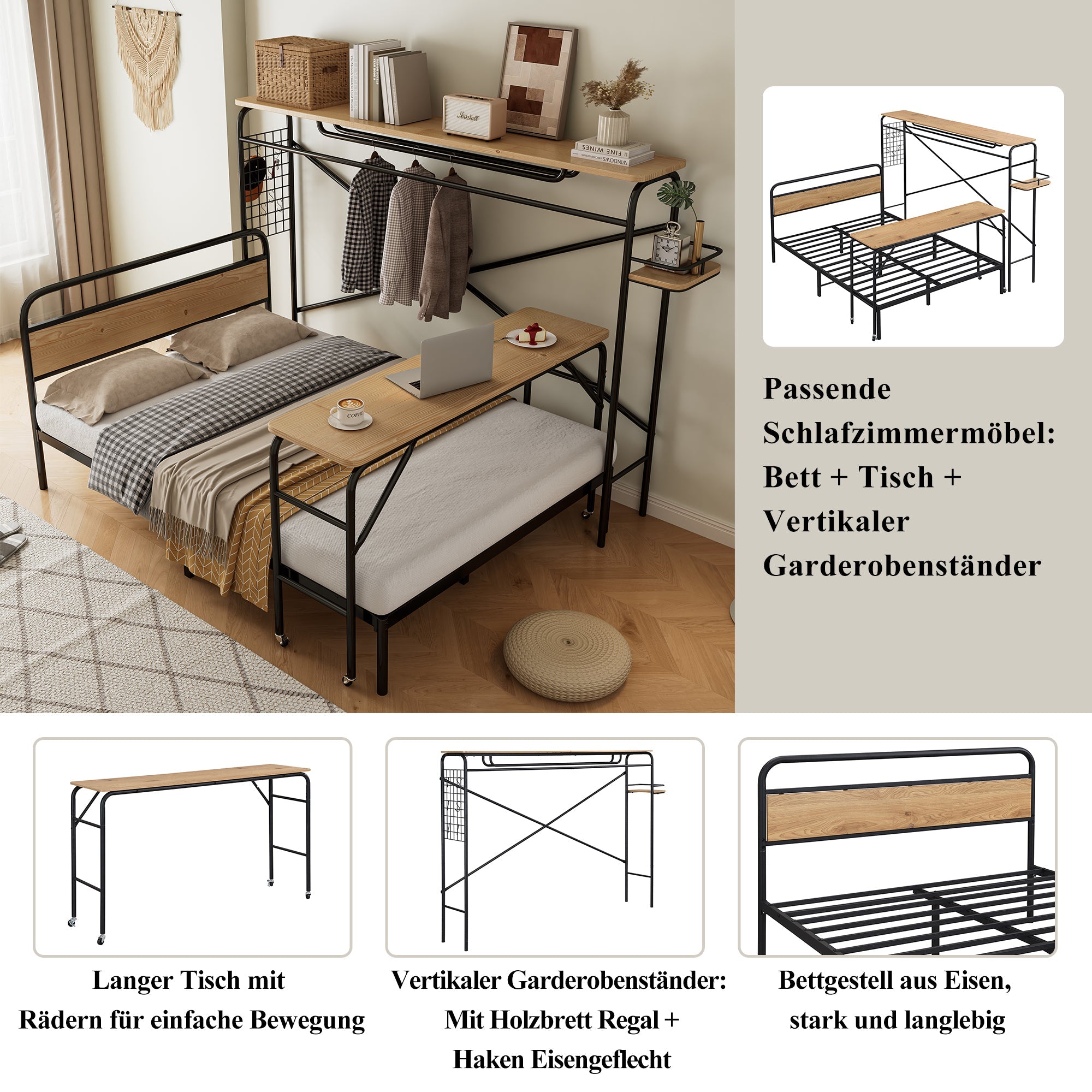 Logidon metalen bed 140x200 met tafelkapstok zwart naturel