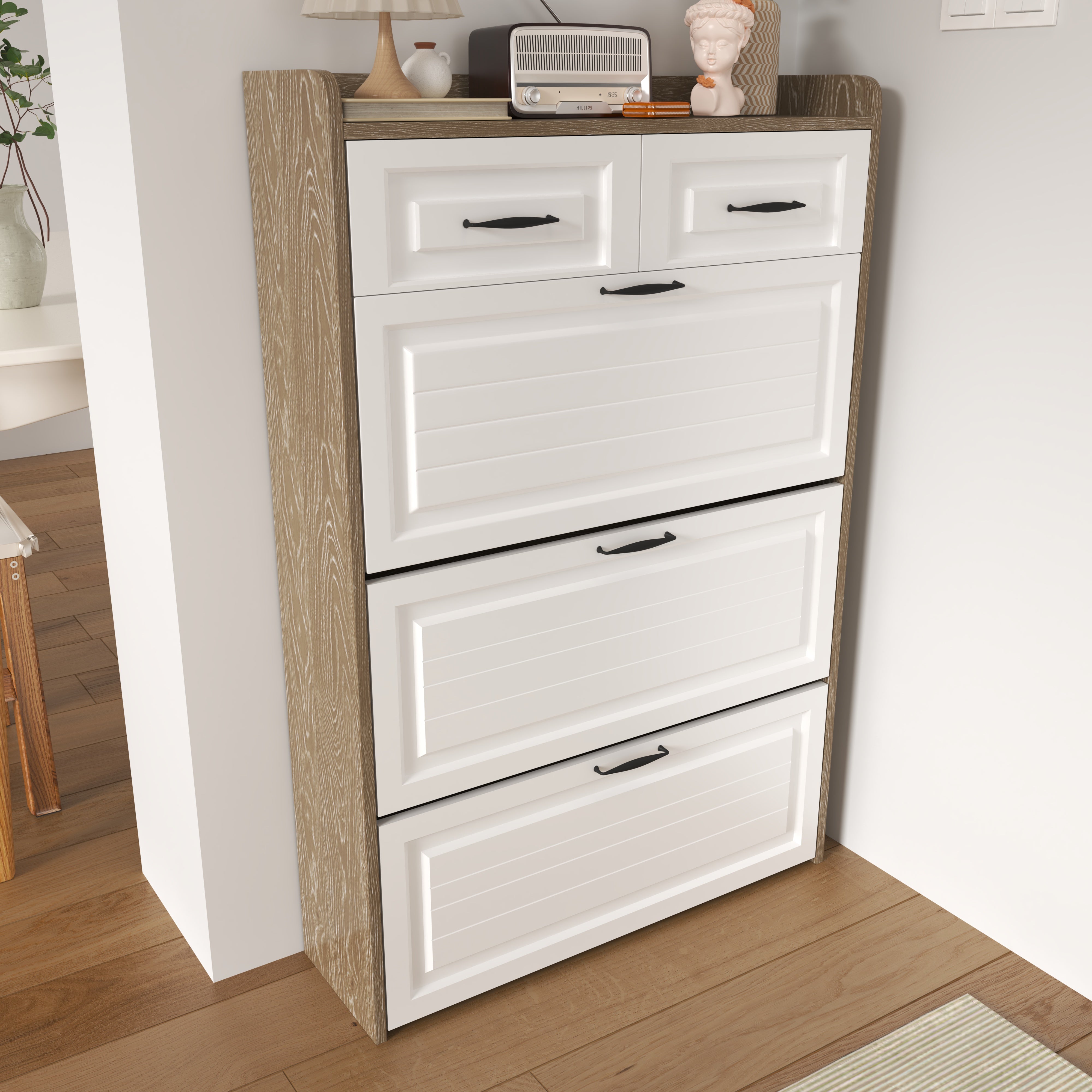 Logidon shoe chest white rotating shoe cabinet 3 flaps 2 drawers