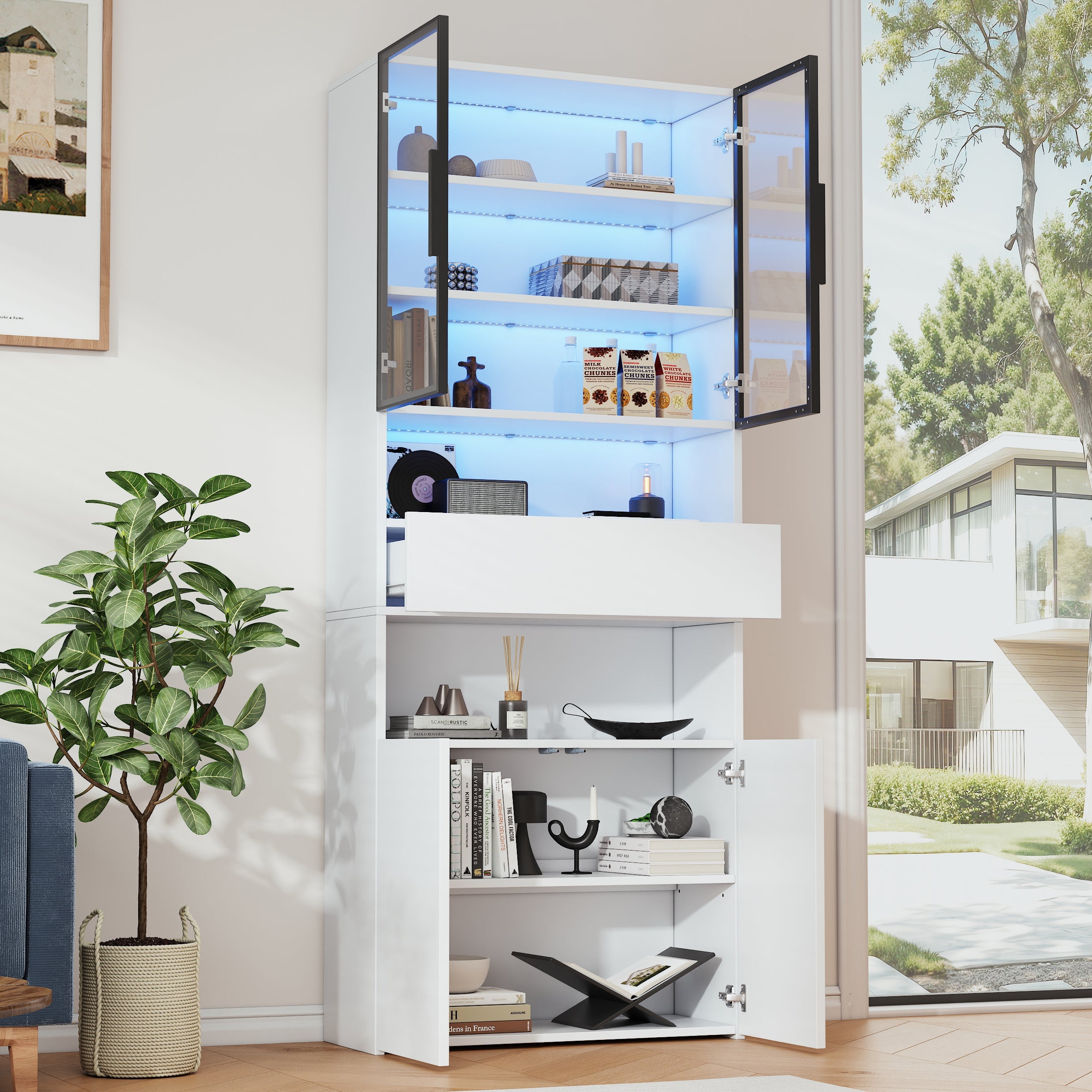 Logidon vitrinekast 70x30x200 cm witte LED glazen vitrinekast met lade