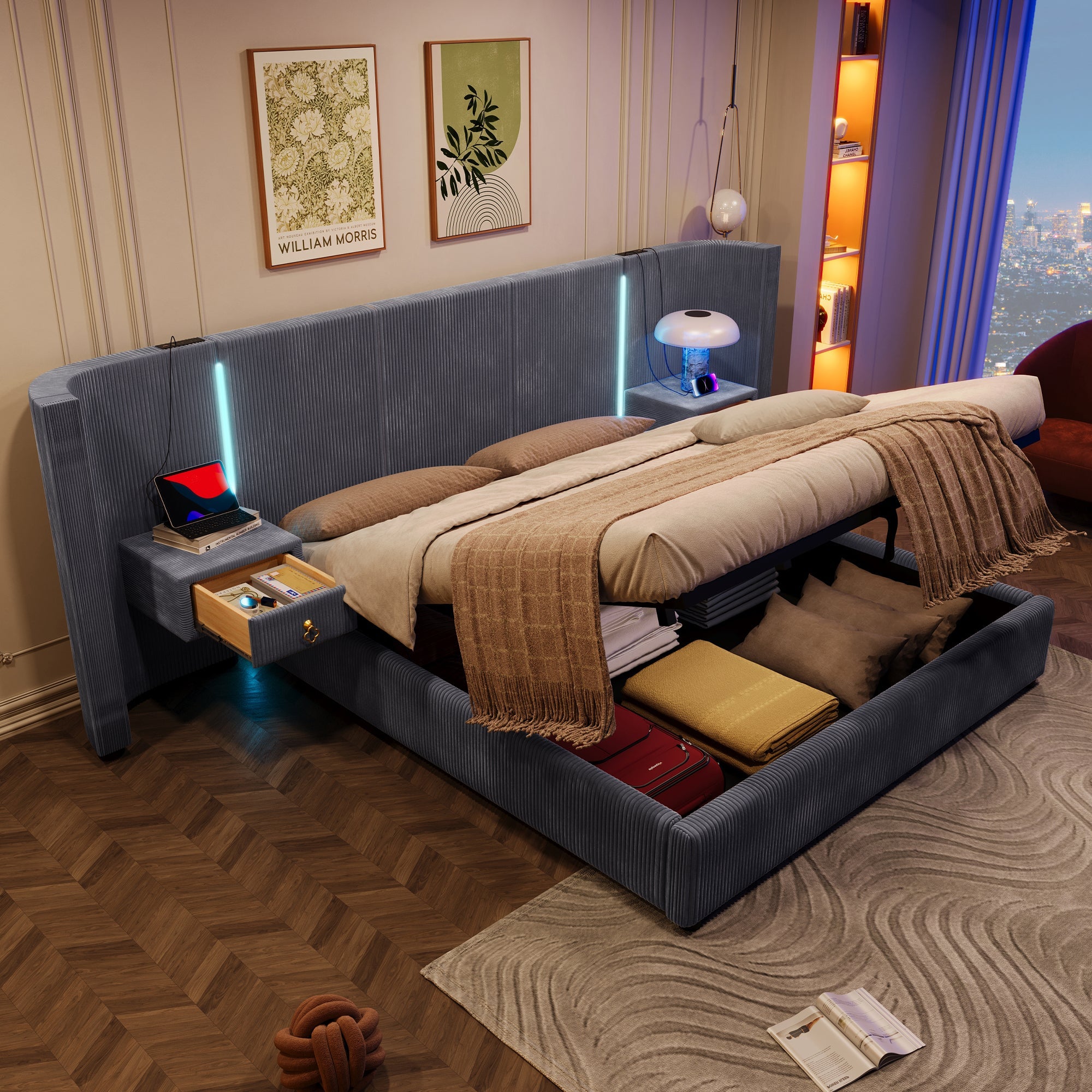 Logidon upholstered bed 180x200 cm gray velvet with LED strip storage space