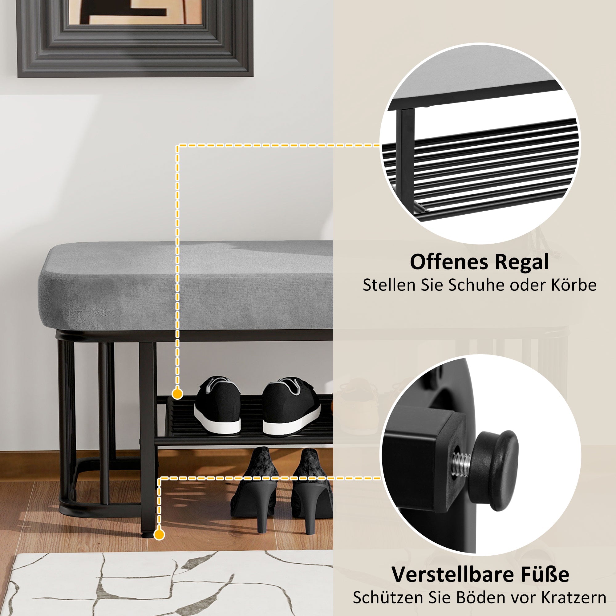 Logidon moderne schoenenbank met fluwelen zitting en grijs metalen frame