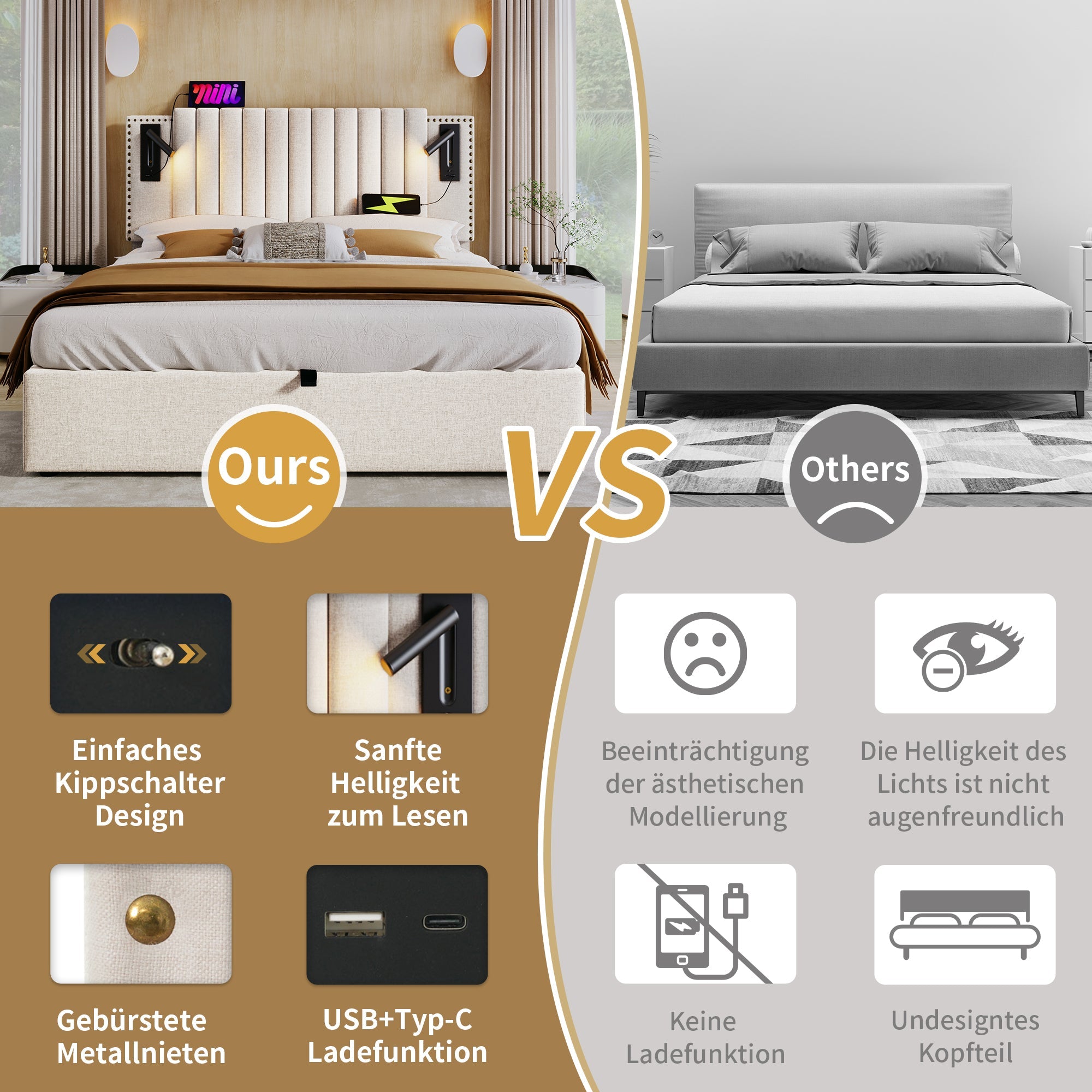 Logidon gestoffeerd bed 160x200 beige met opbergruimte en USB-leeslamp