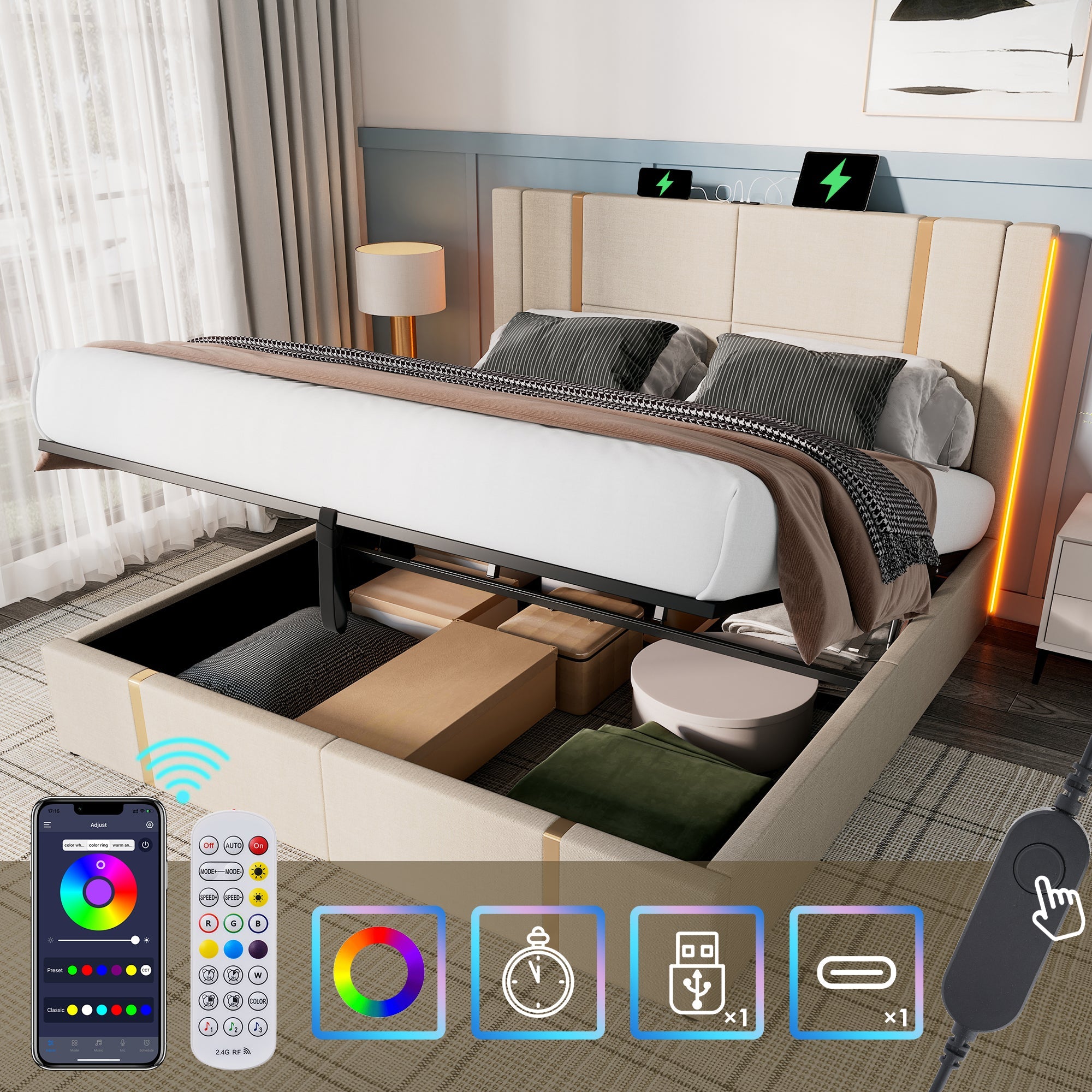 Logidon upholstered bed 160x200 USB C charging function APP control LED beige linen