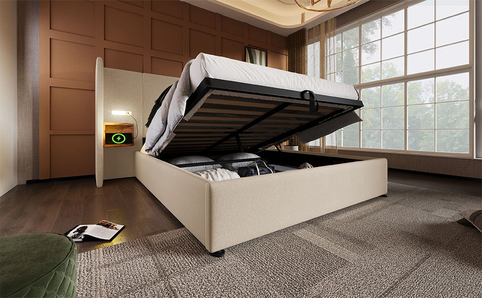 Logidon upholstered bed 160x200 double bed beige linen with storage space
