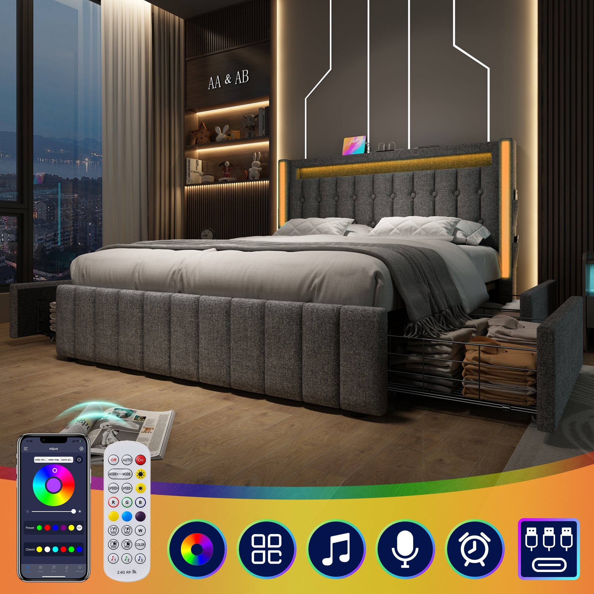 Logidon gestoffeerd bed 140x200 met USB C LED verlichting 4 vakken grijs