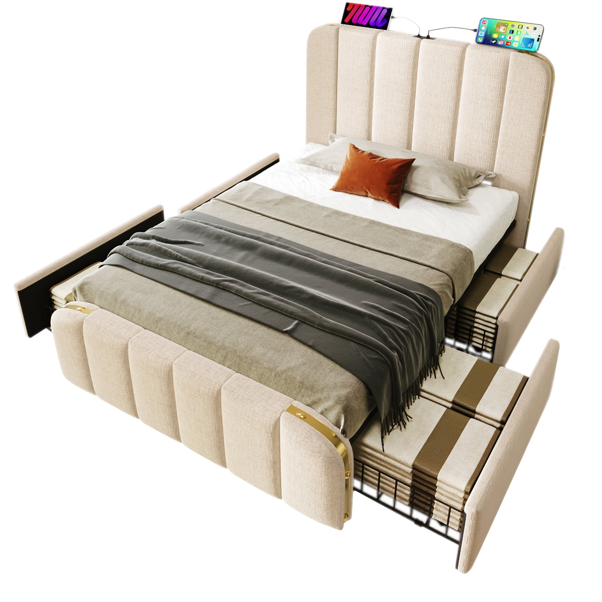 Logidon gestoffeerd bed 90x200 beige USB Type C oplaadfunctie 4 lades