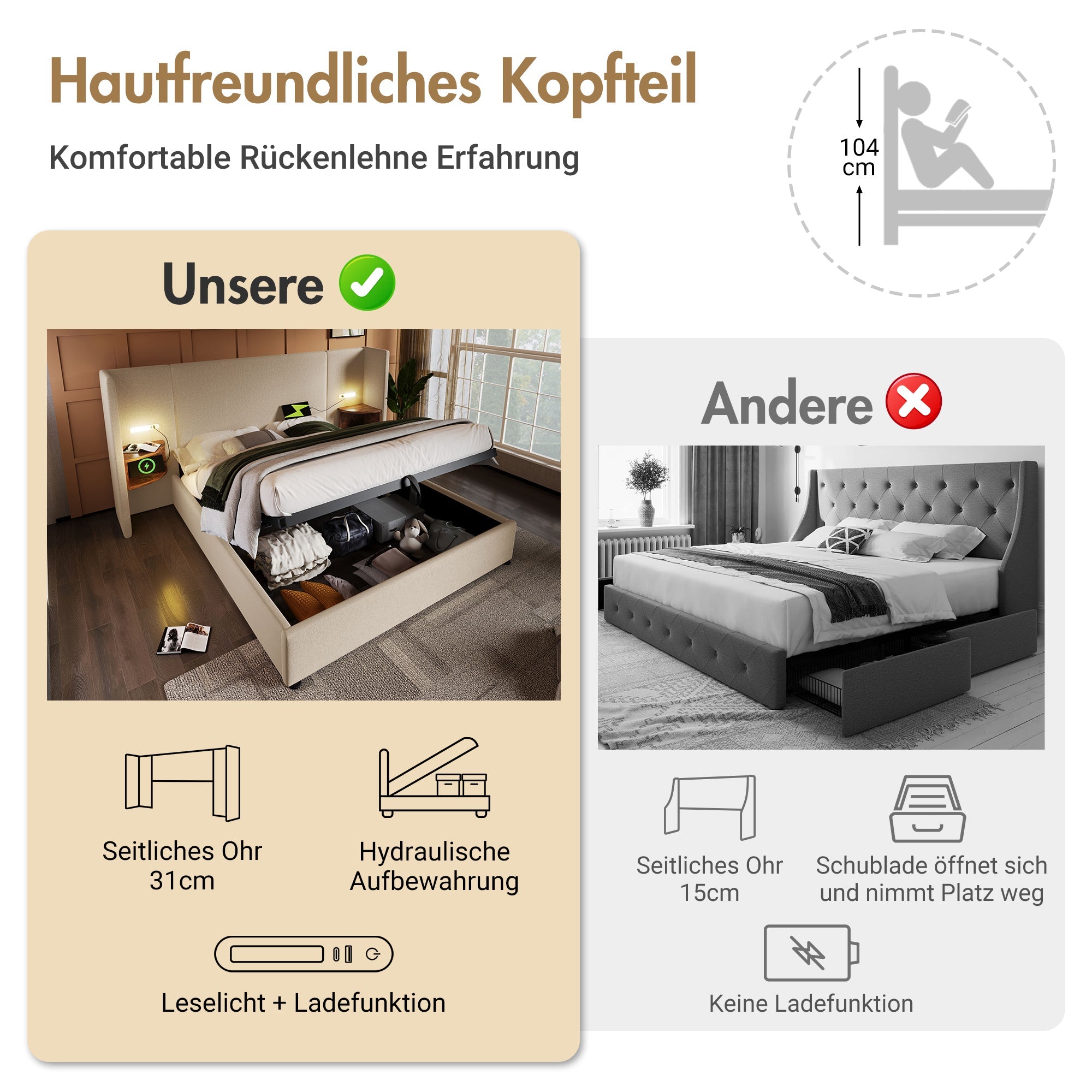 Logidon upholstered bed 160x200 double bed beige linen with storage space