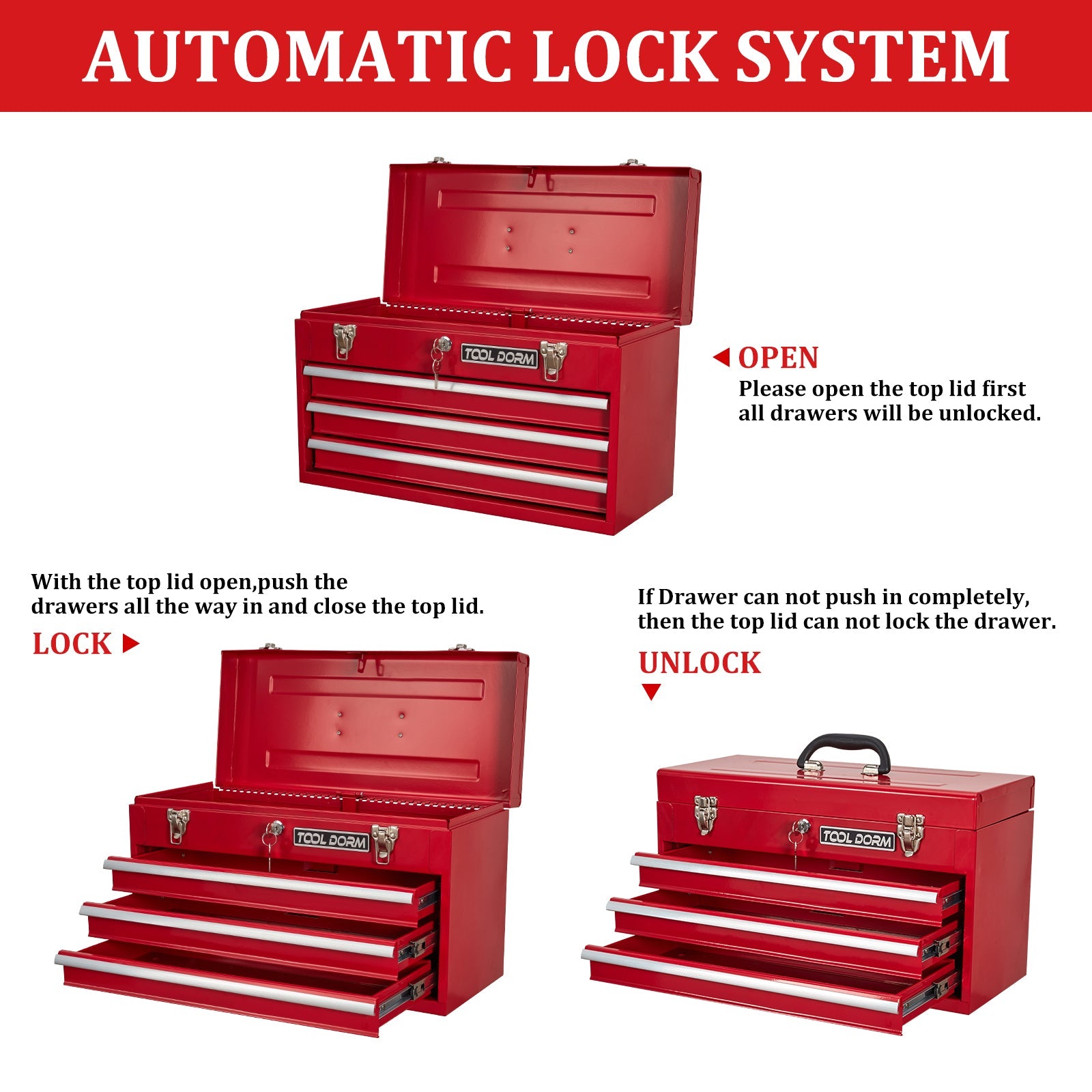 Logidon Metalen Gereedschapskist 20,3 Inch Met 3 Laden Rood