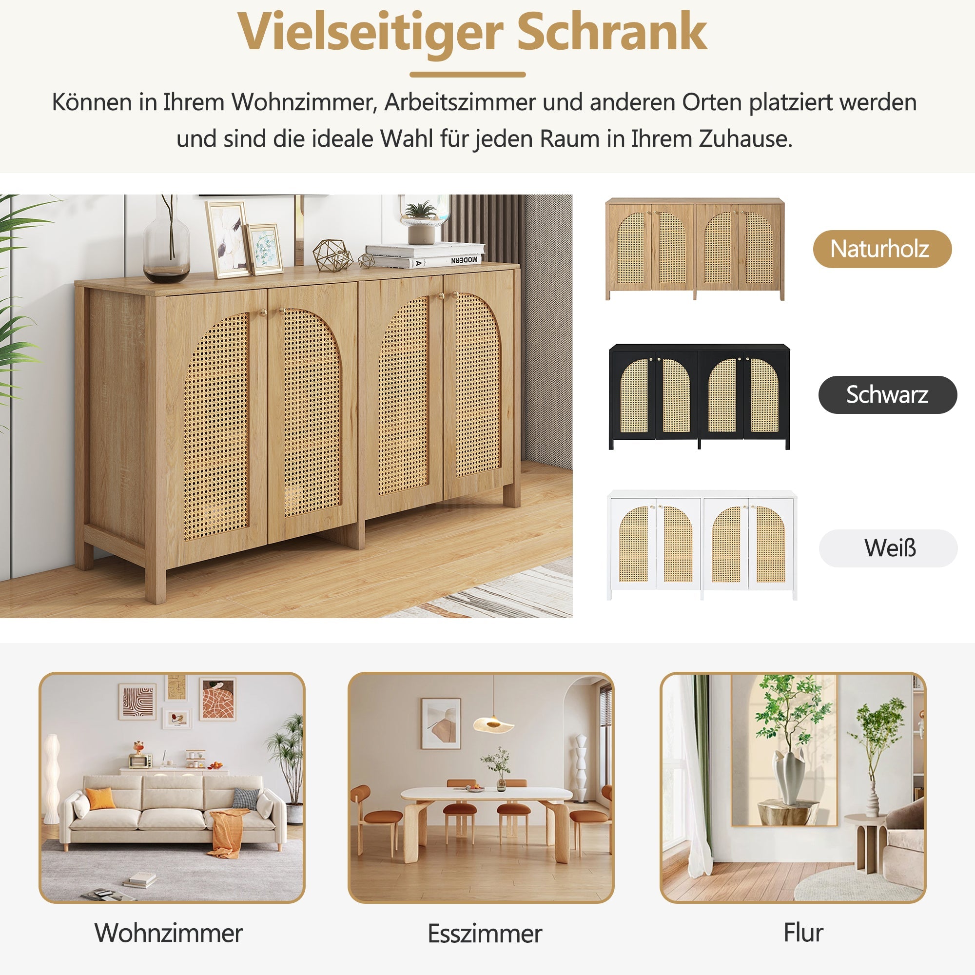 Logidon Dressoir 145x40x80 cm met vier rotan deuren natuurlijk hout