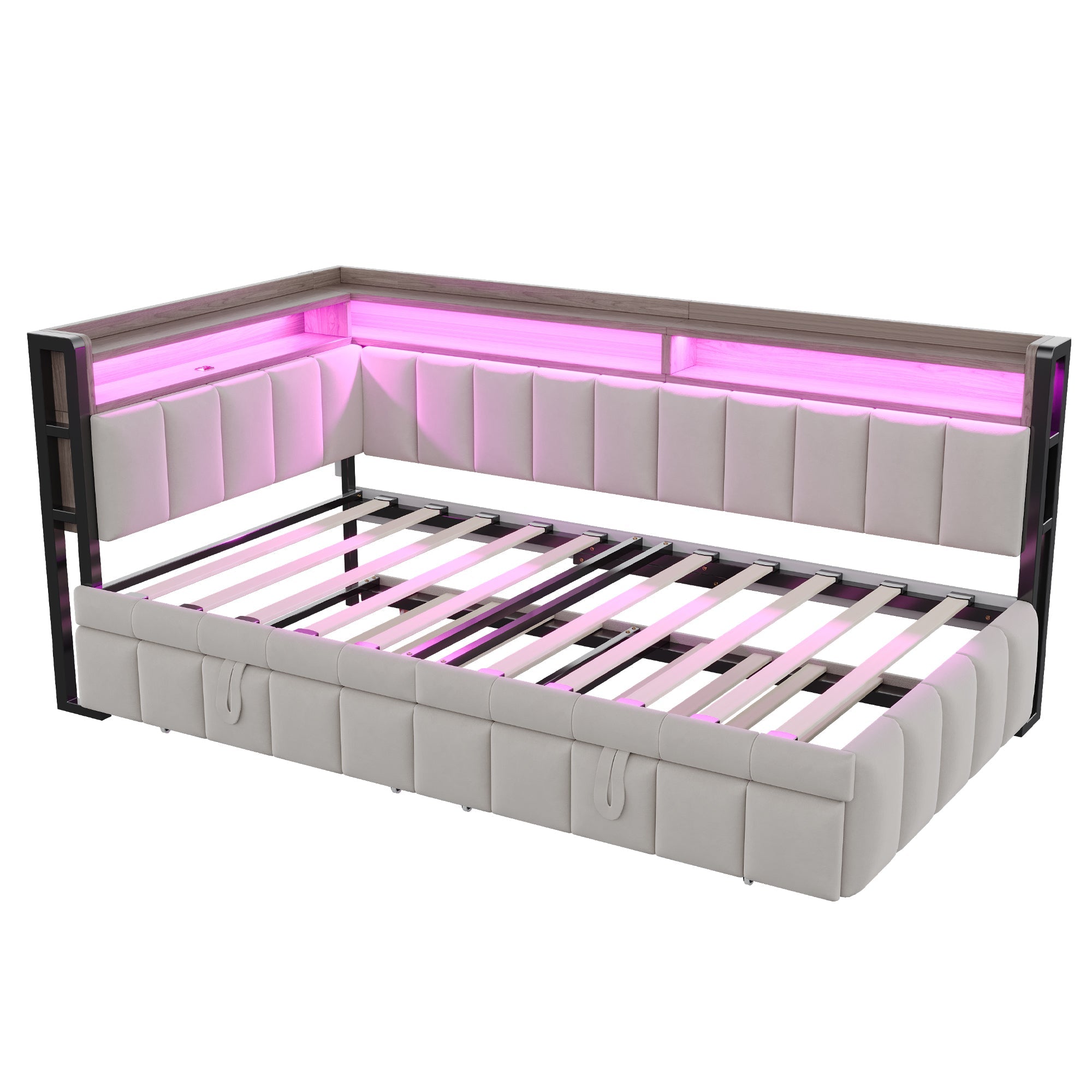 Logidon slaapbank gestoffeerd bed 90x200cm lichtgrijs uitschuifbaar LED USB