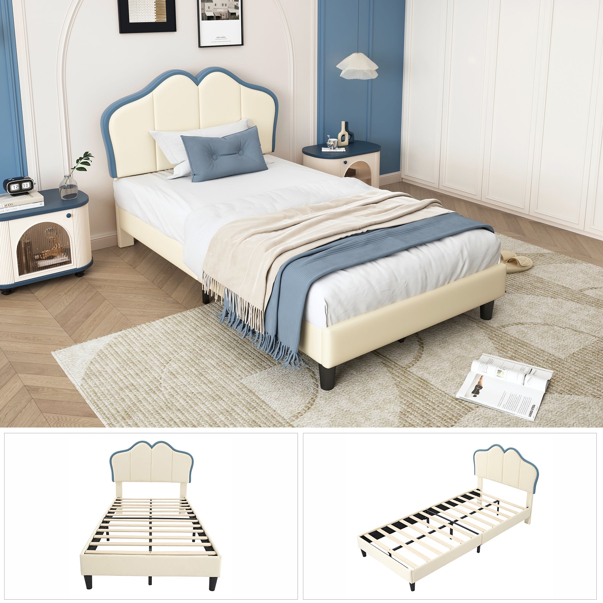 Logidon gestoffeerd bed 90x200 kinderbed wit blauw met zachte beschermranden