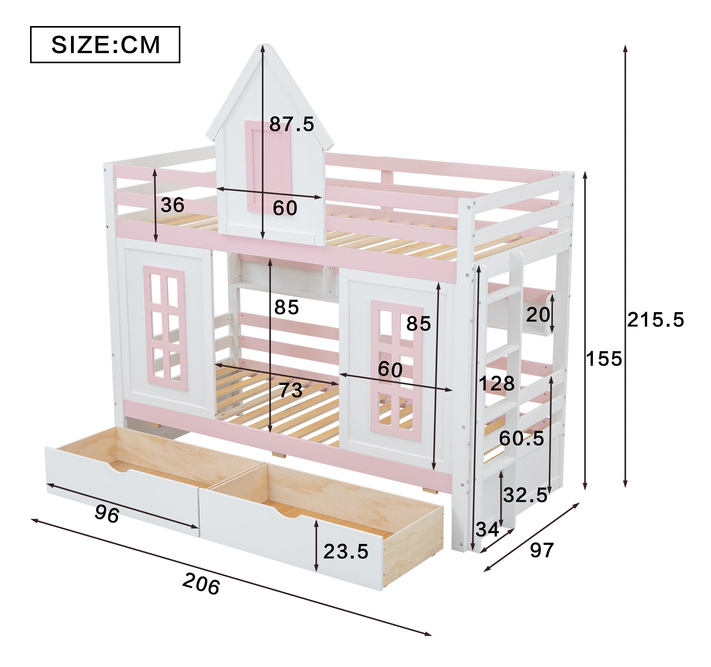 Logidon stapelbed prinsessenbed 90x200 wit roze