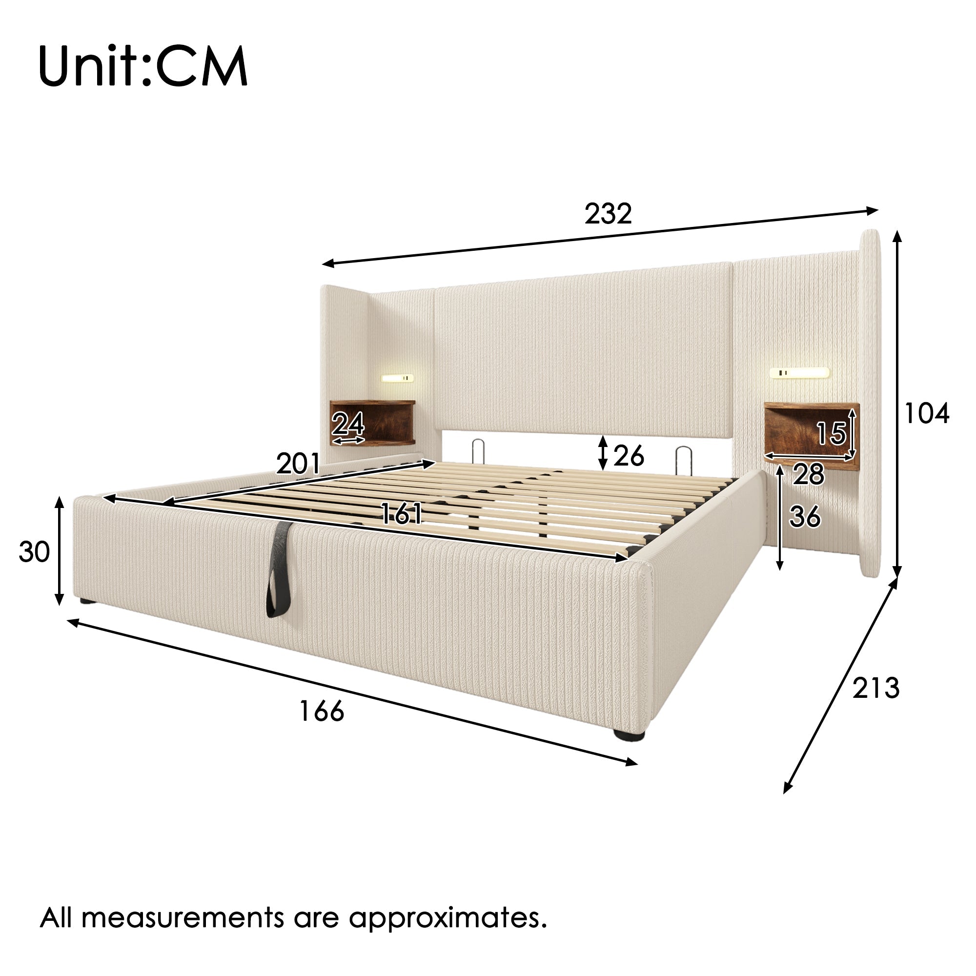 Logidon gestoffeerd bed 160x200 beige wit met USB-C oplaadfunctie