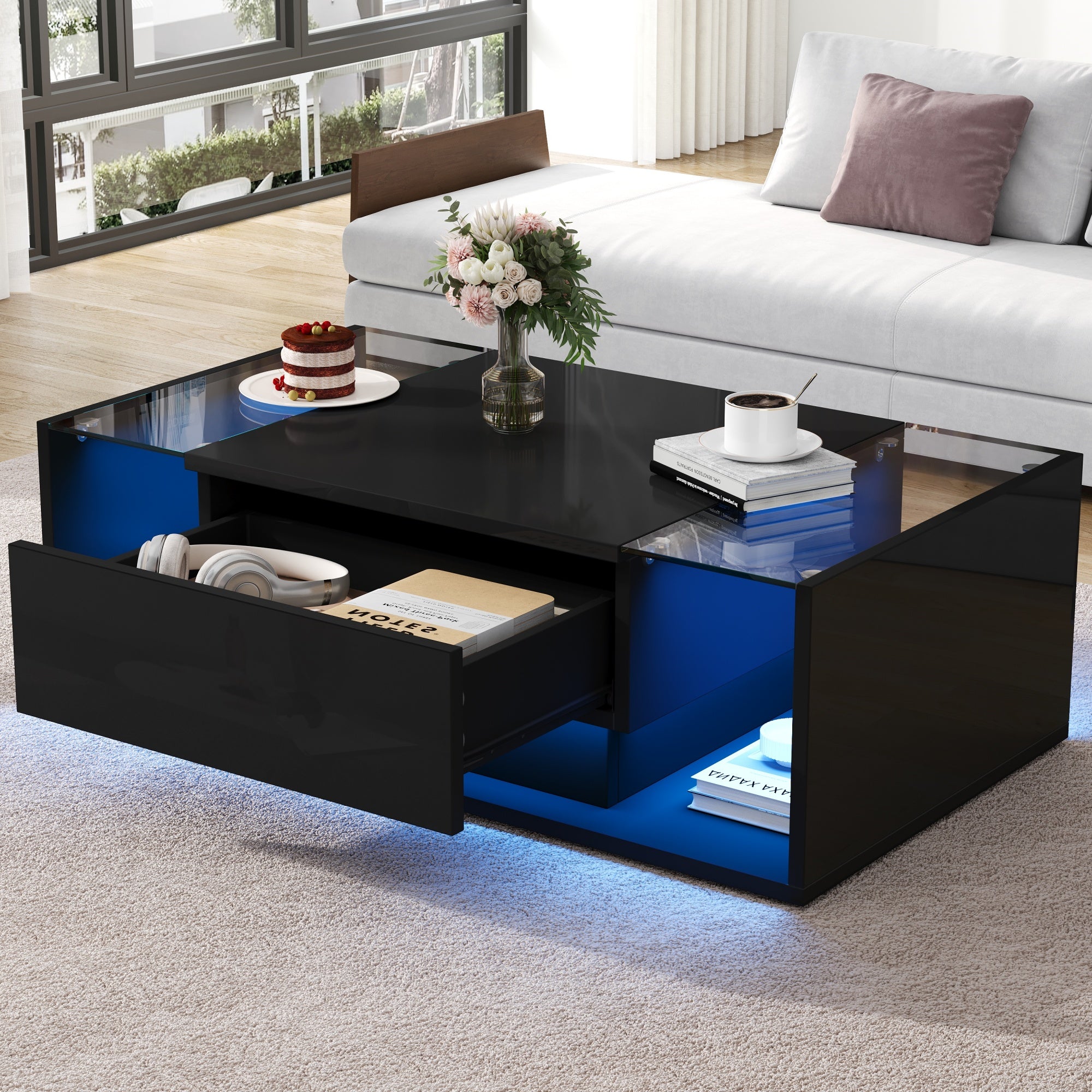 Logidon Zwarte hoogglans salontafel 100x50x31 cm met lade LED lichtstrip