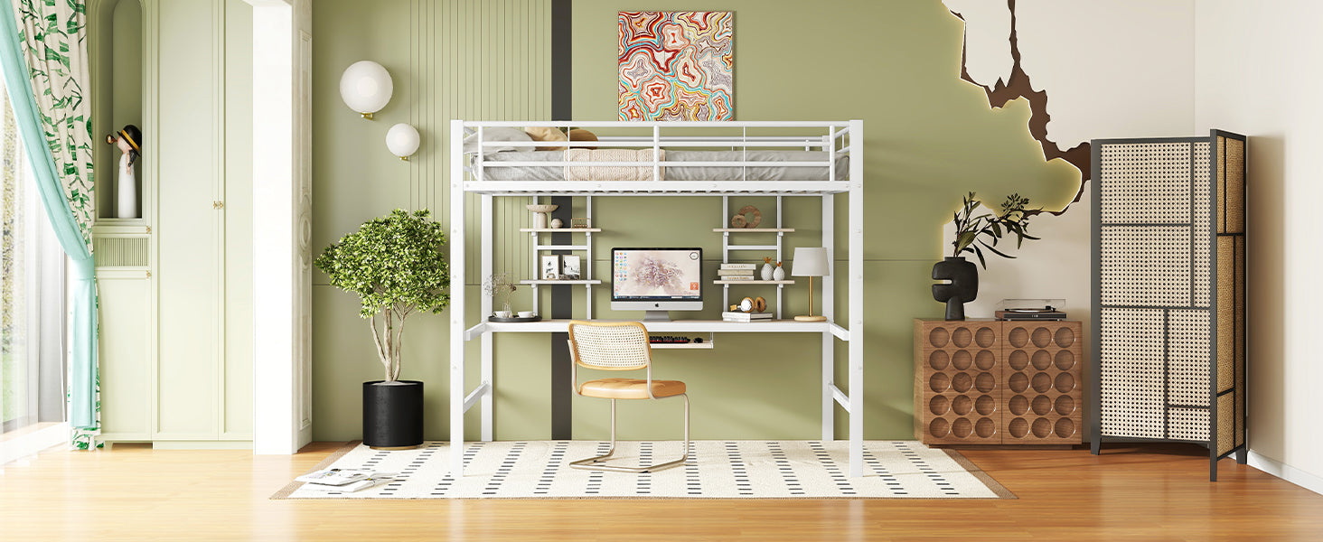 Logidon hoogslaper 140x200 cm metalen bed met bureau en plank wit