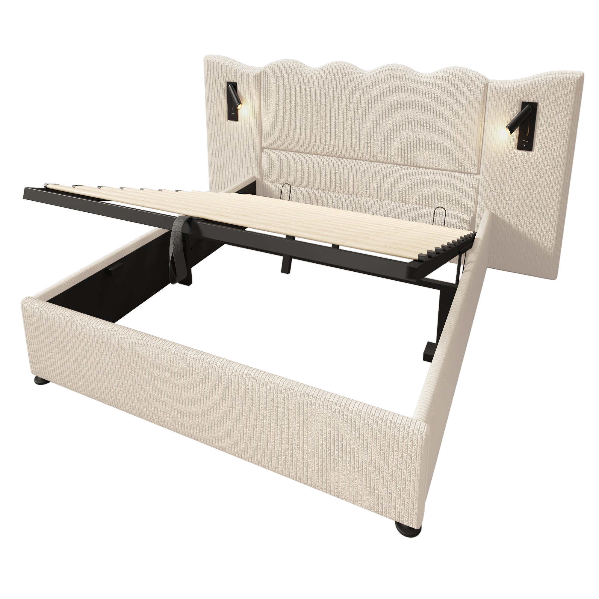 Logidon upholstered bed 160x200 beige with reading lamp USB charging function