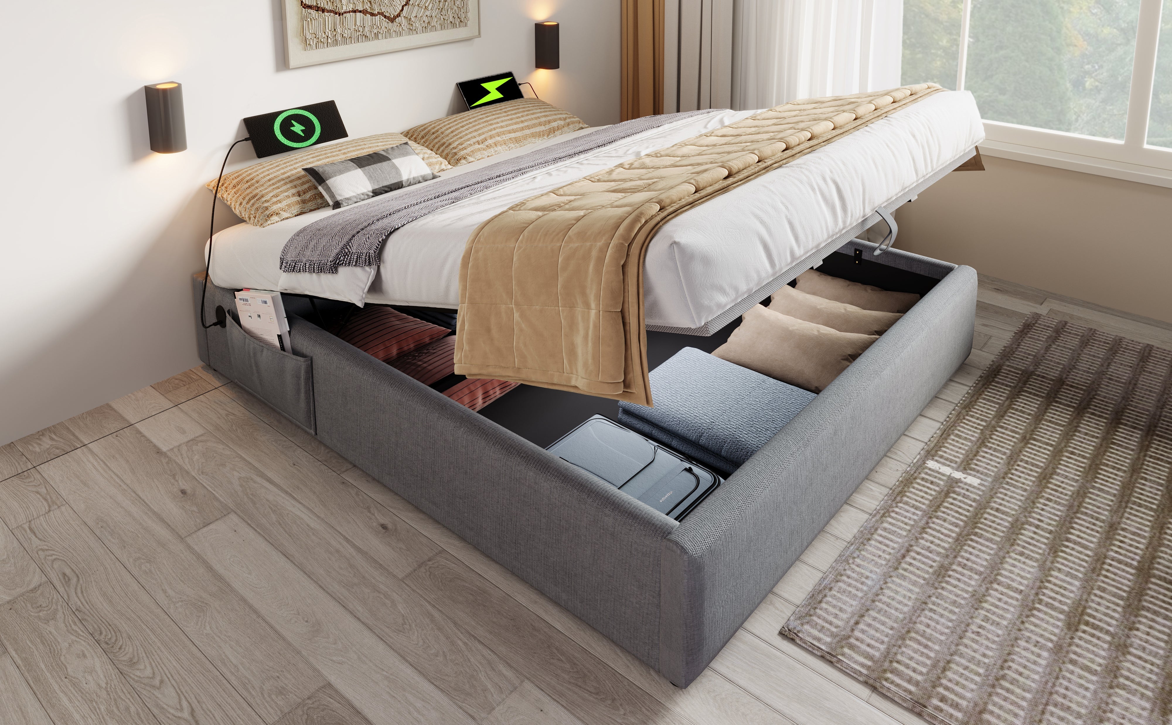 Logidon upholstered bed 160x200 gray with USB C and full-surface slatted frame