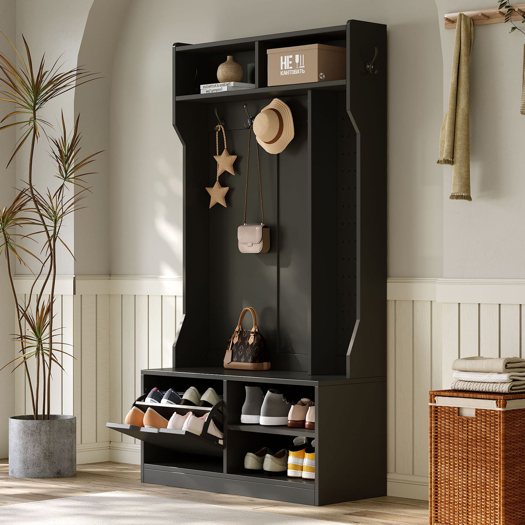 Logidon kledingkastset zwart 100x185,5x40 cm met bank 6 haken