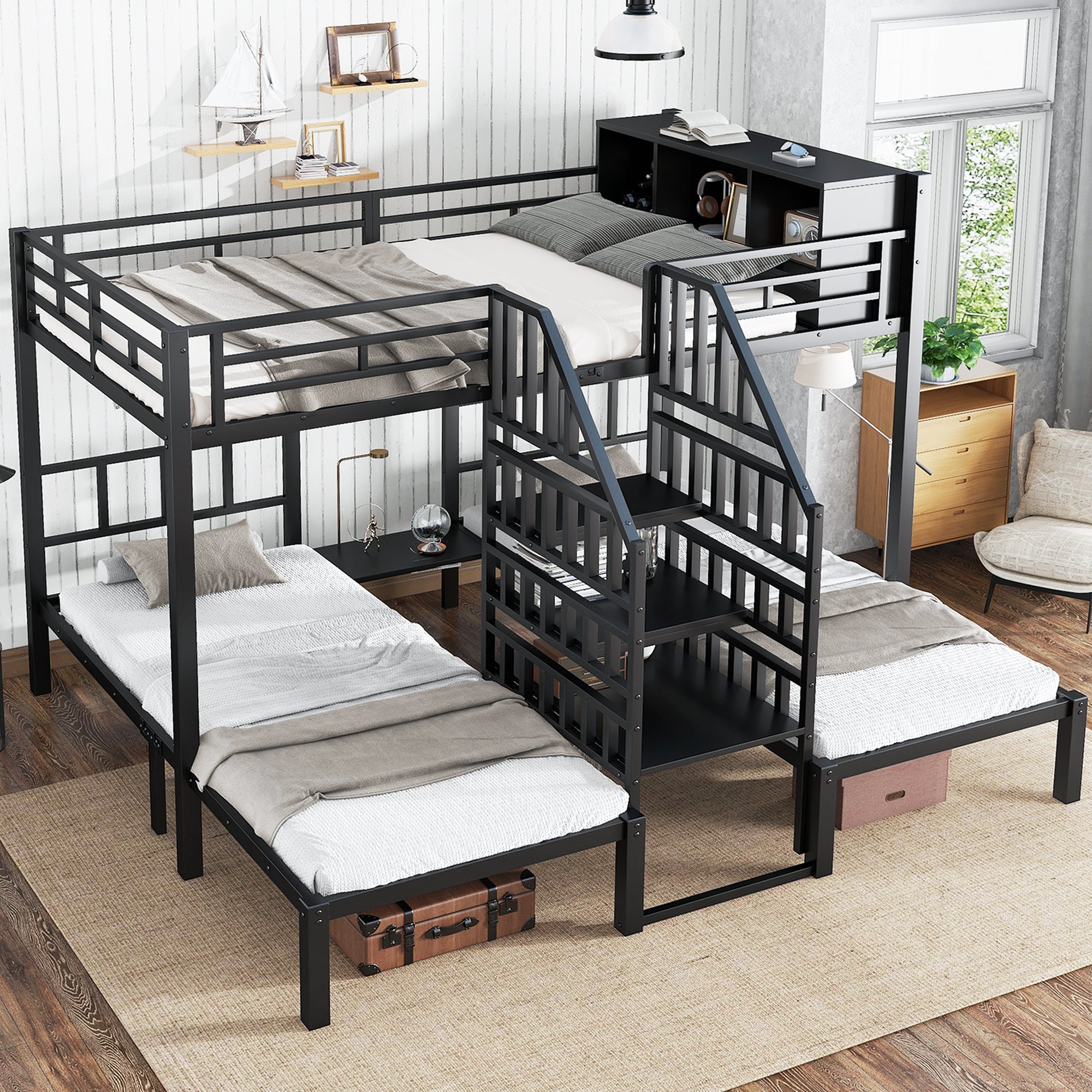 Logidon stapelbed ijzer zwart met drie slaapplaatsen 90x200cm