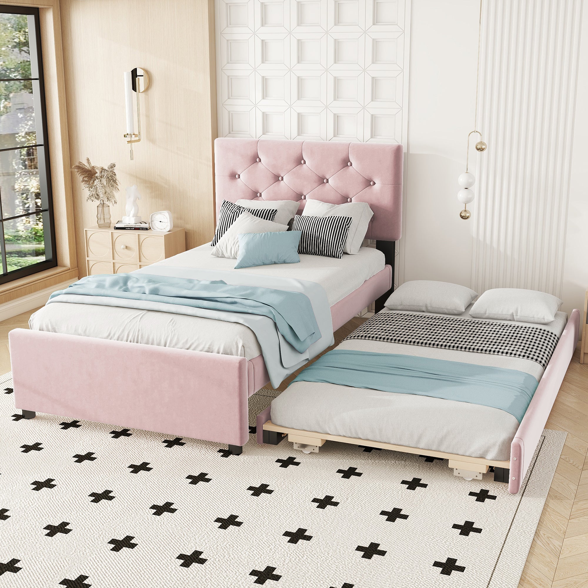 Logidon gestoffeerd bed 90x200 roze fluweel met rolcontainer