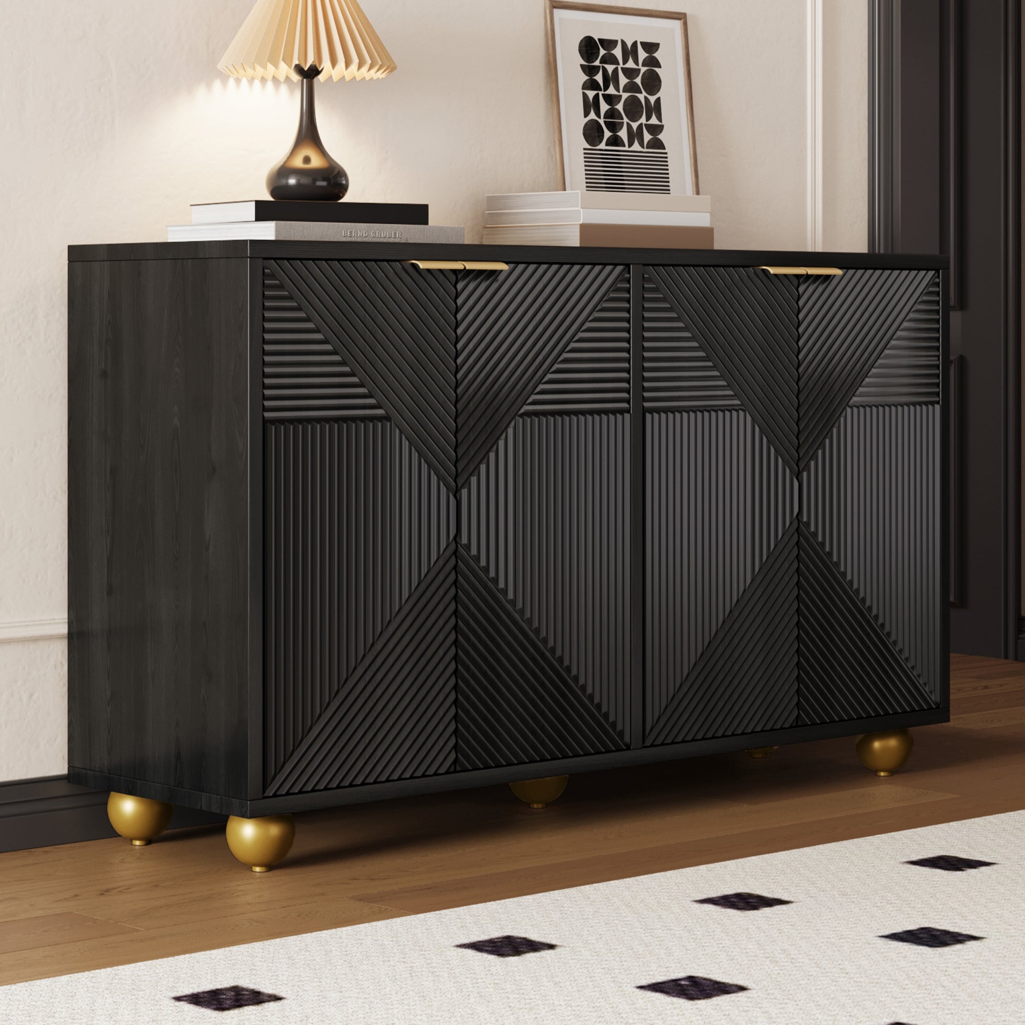 Logidon Dressoir 120 cm Zwart met Vier Deuren en Gouden Handgrepen