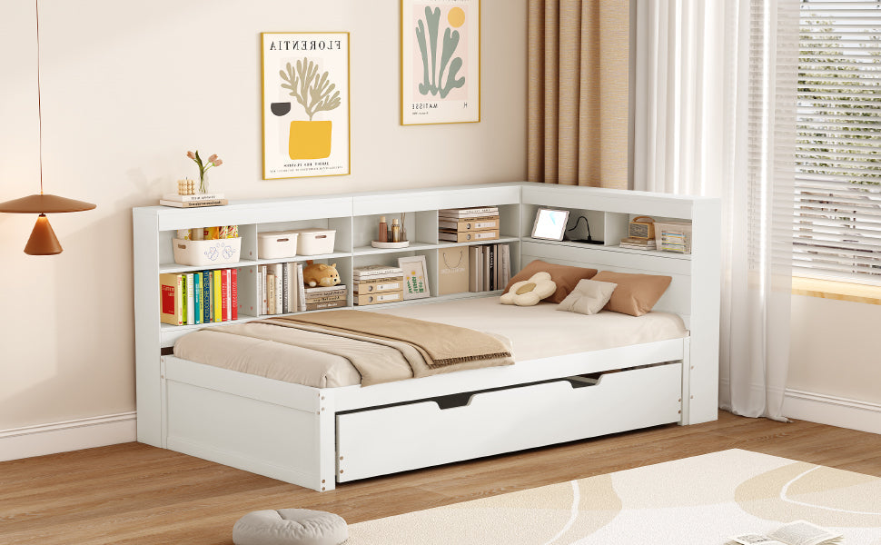 Logidon slaapbank 90x200 uitschuifbaar bed 90x190 USB wit