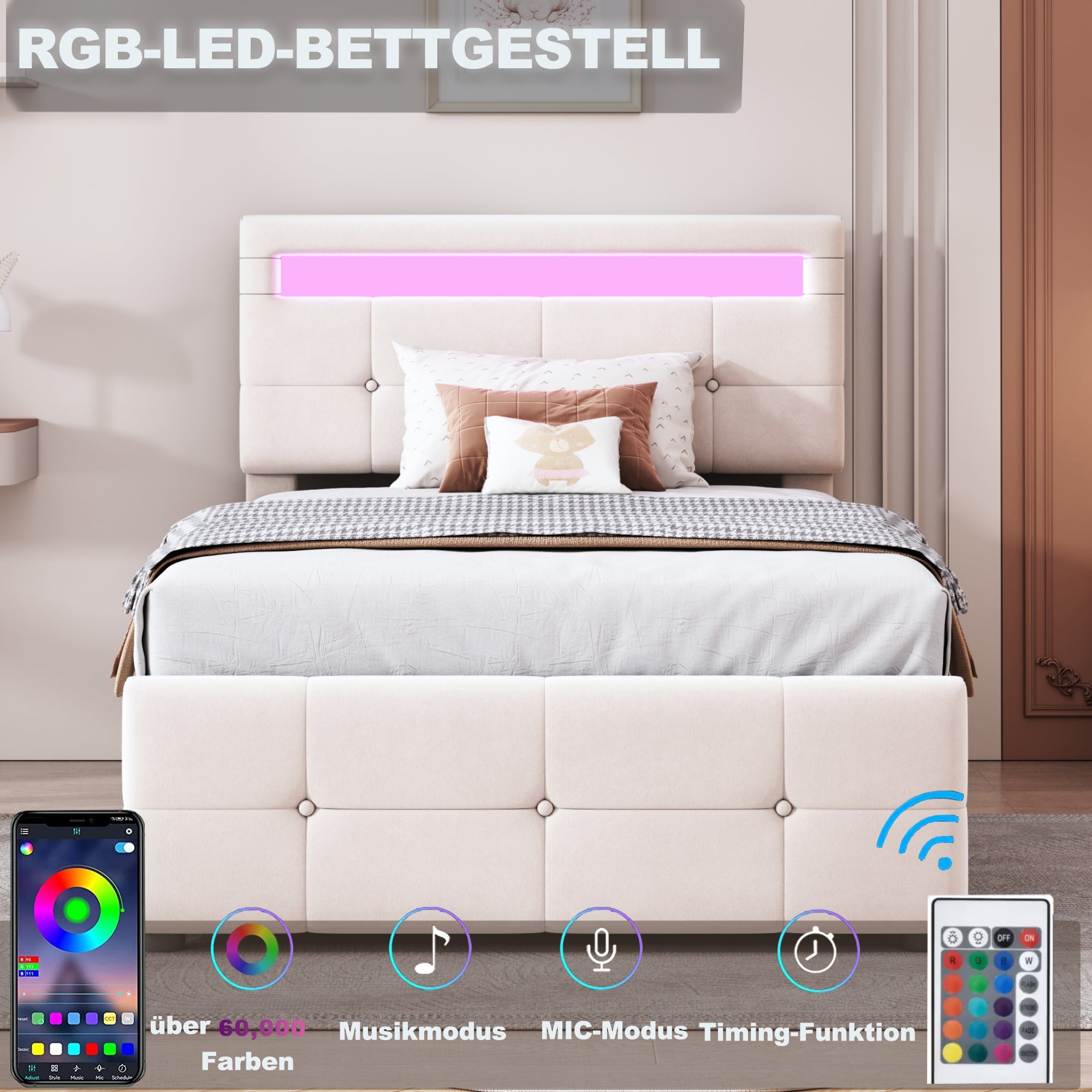 Logidon kinderbed 90x200 cm met LED verlichting beige fluweel