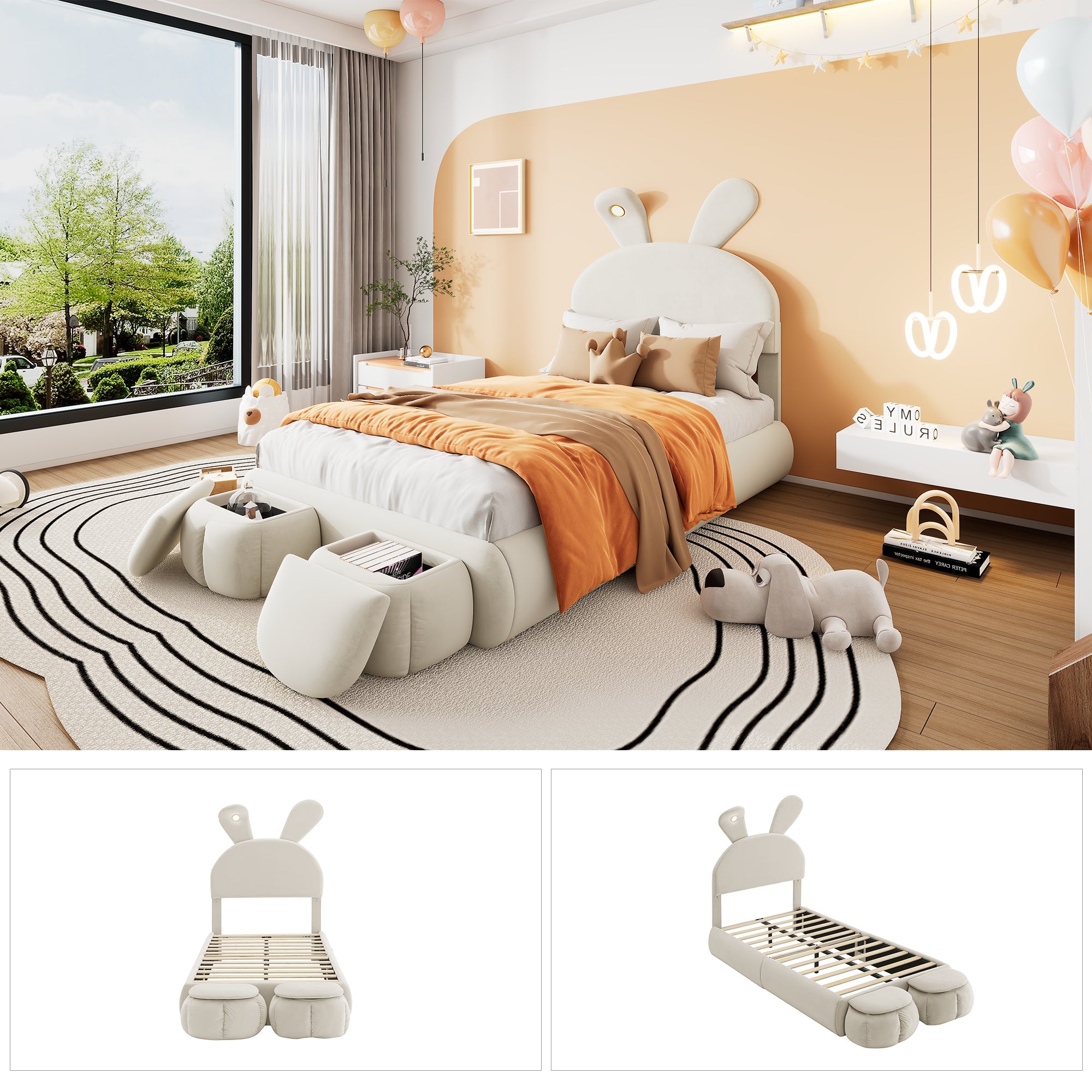 Logidon gestoffeerd bed 90x200 beige fluwelen opbergkruk met konijnenoren