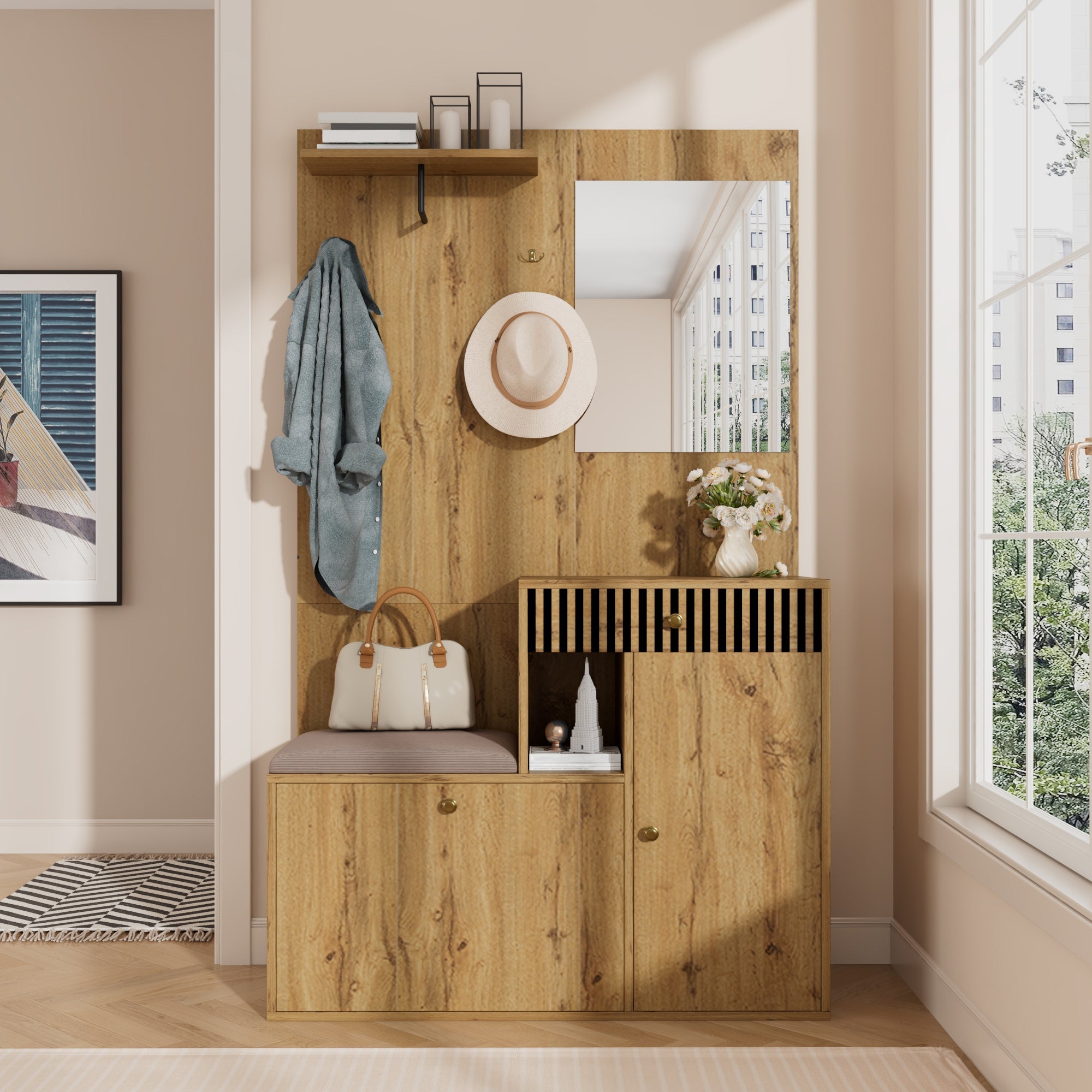 Logidon kledingkastset compacte kledingkast 110x185,5x37 cm natuurlijke MDF spiegel