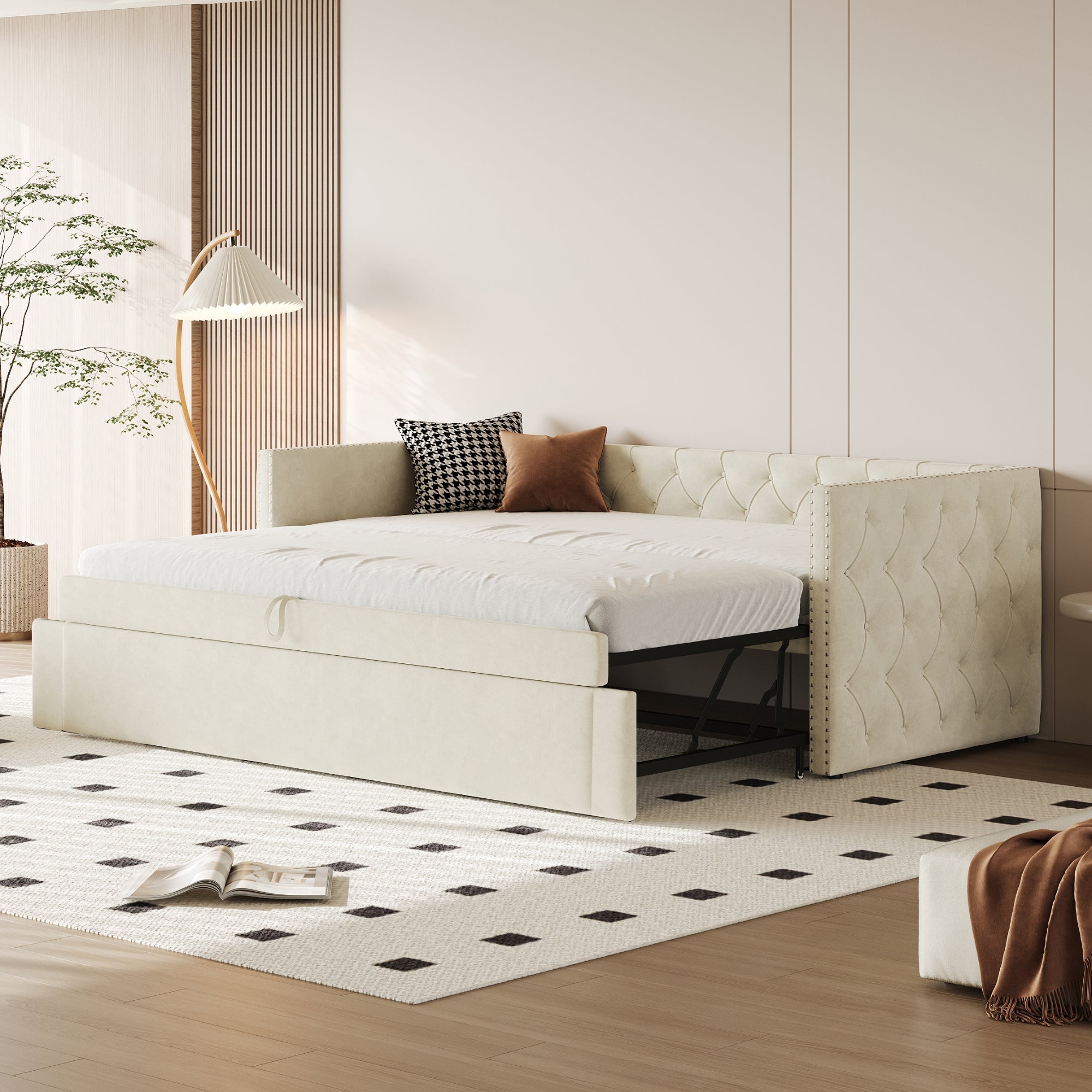 Logidon gestoffeerd bed slaapbank 90x200 beige fluwelen lattenbodem