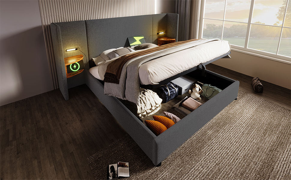 Logidon gestoffeerd bed tweepersoonsbed 160x200 grijs linnen nachtkastje opbergruimte