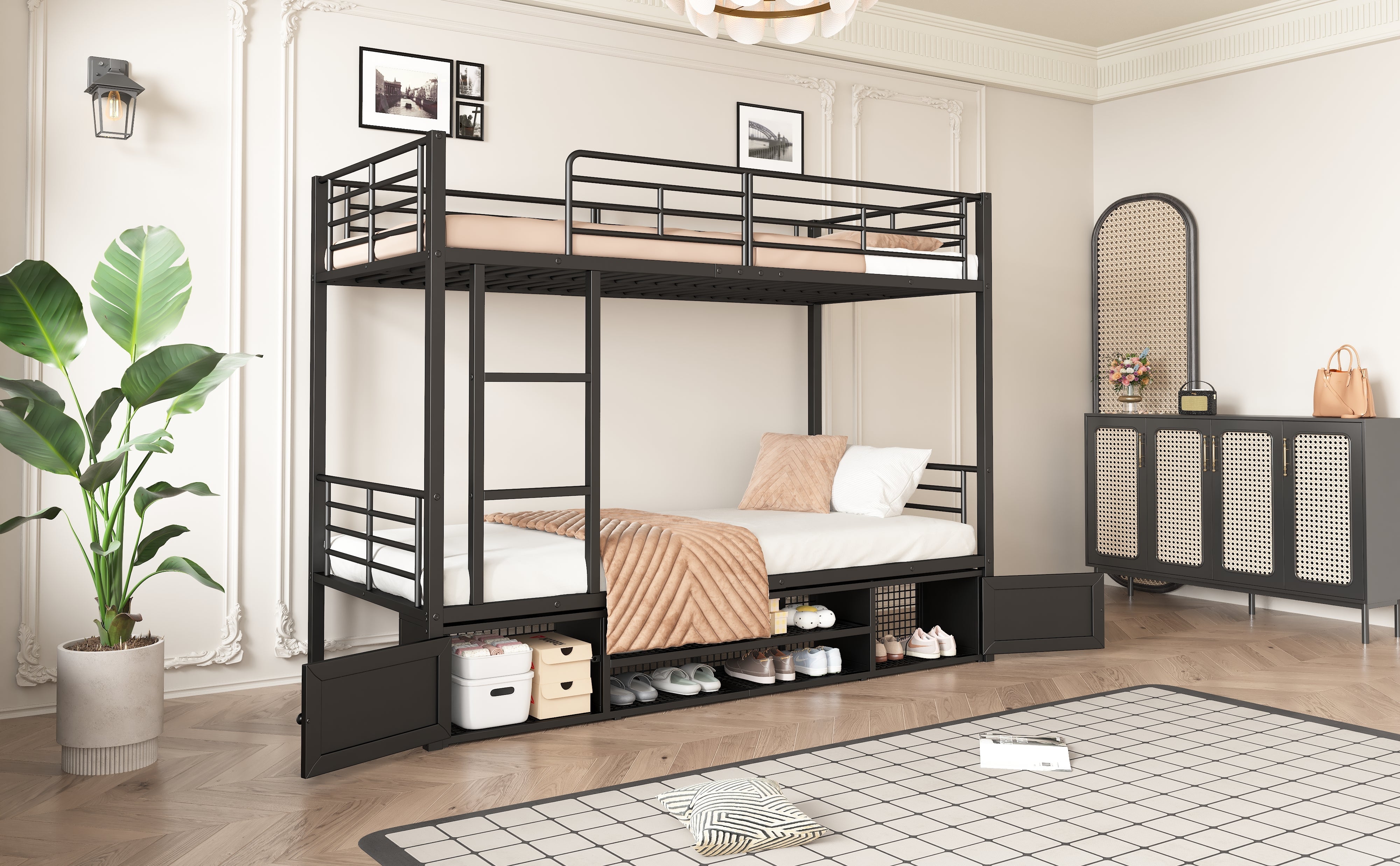 Logidon stapelbed ijzeren frame zwart 90x200 cm met schoenenrek