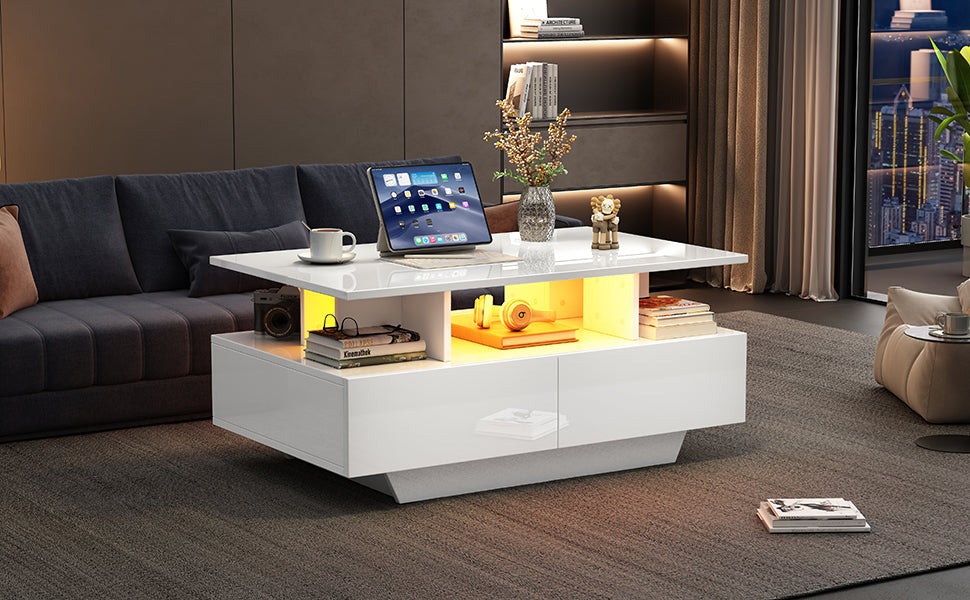 Logidon hoogglans salontafel LED, 2 lades, 90x55x41 cm wit