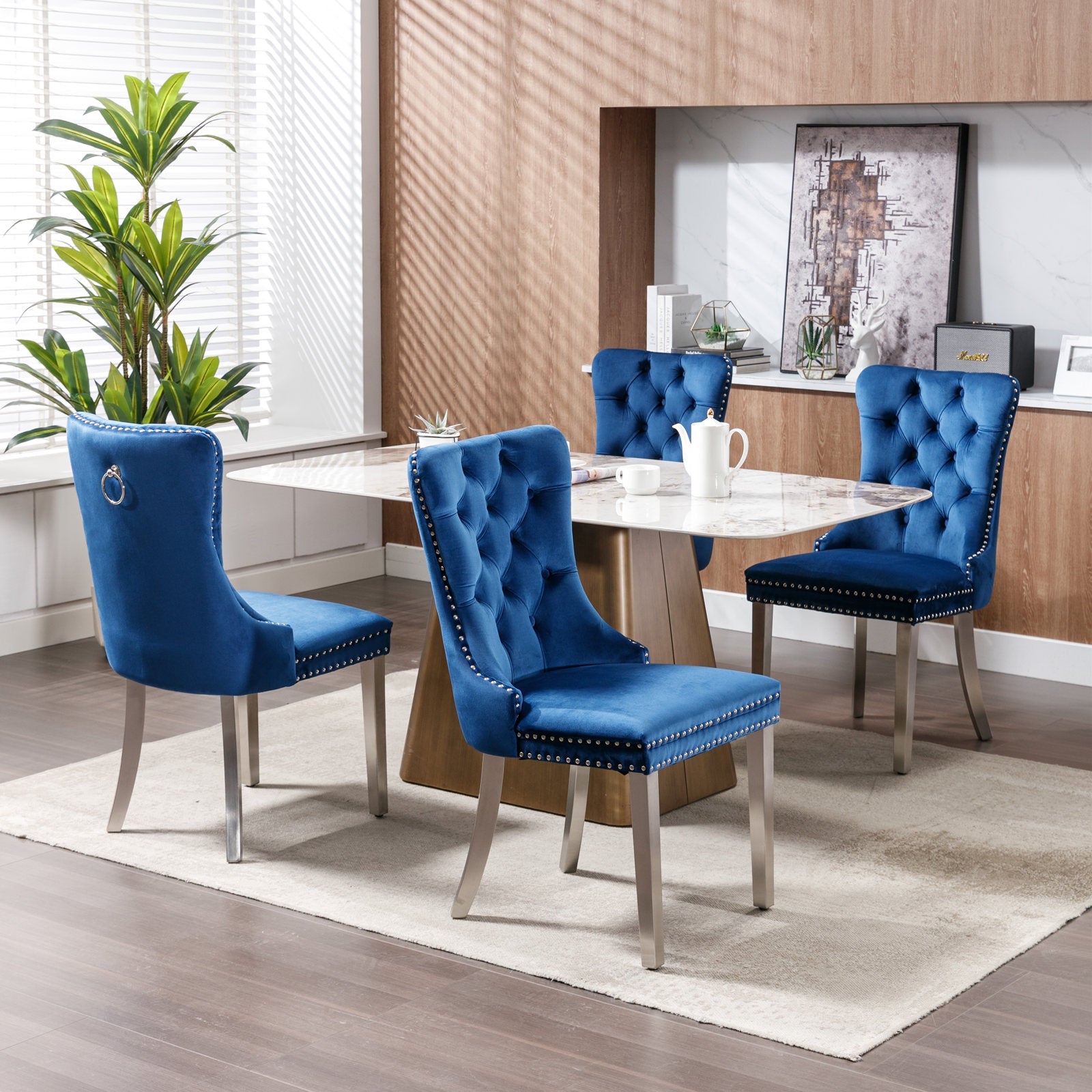 Logidon Nikki Eetstoel Blauw Fluweel Spijkerkop Chroom Voetenset 2