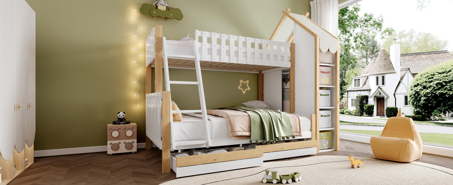 Logidon stapelbed 90x200 en 140x200 wit naturel met 2 lades