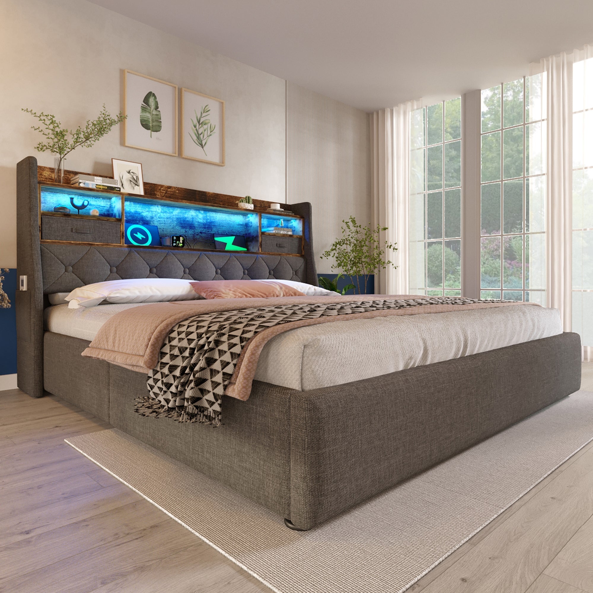 Logidon gestoffeerd bed 160x200 cm met opbergruimte, LED-hoofdbord, USB-C