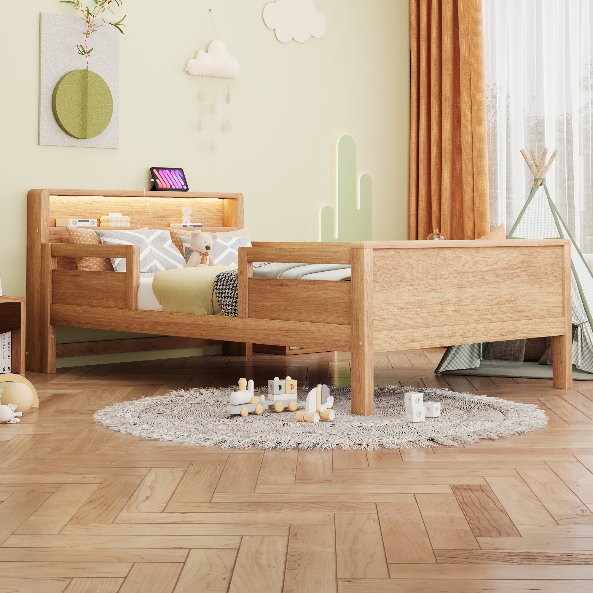 Logidon houten bed 90x200 cm naturel met USB-C stopcontact en LED