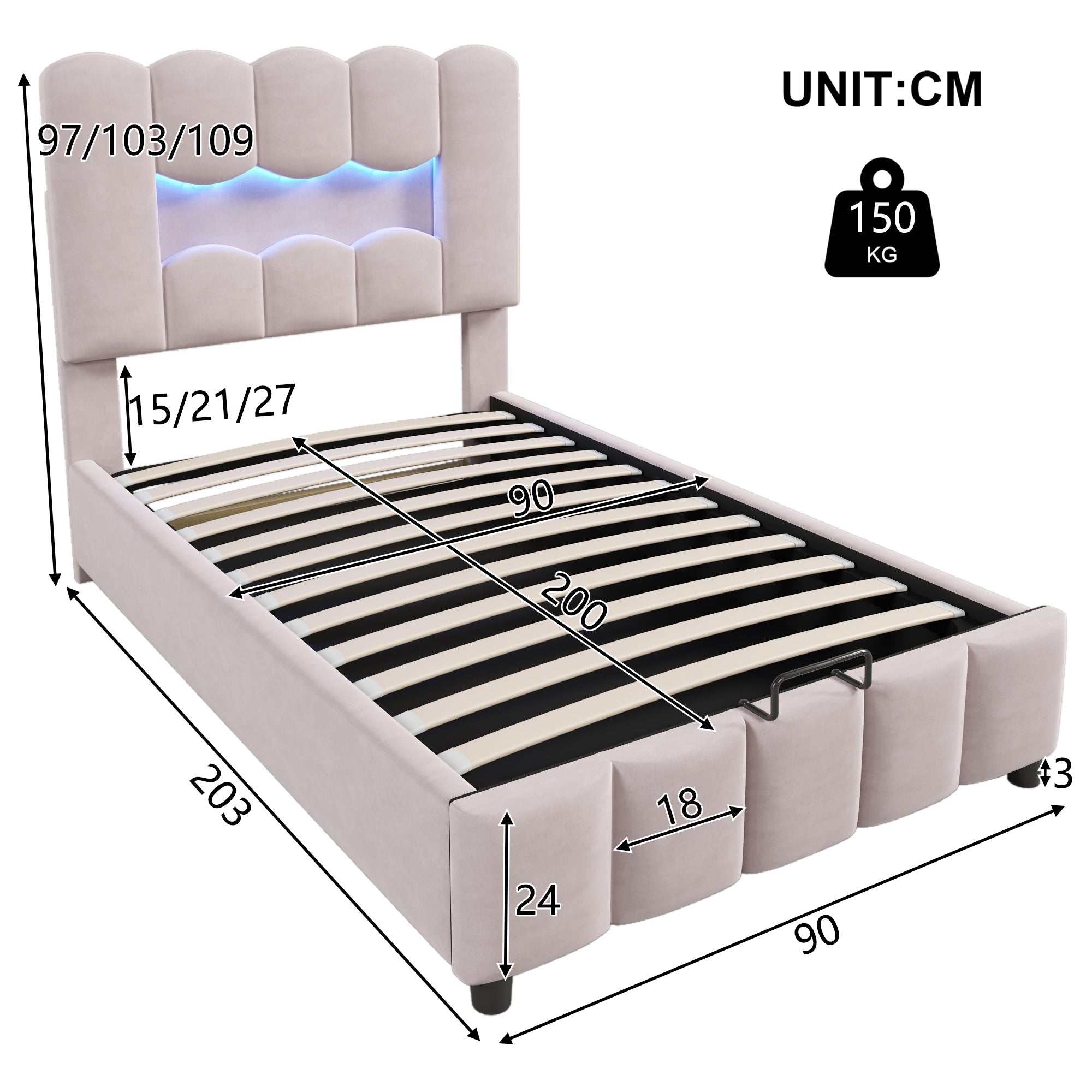 Logidon gestoffeerd bed 90x200 roze fluweel LED-verlichting hydraulisch