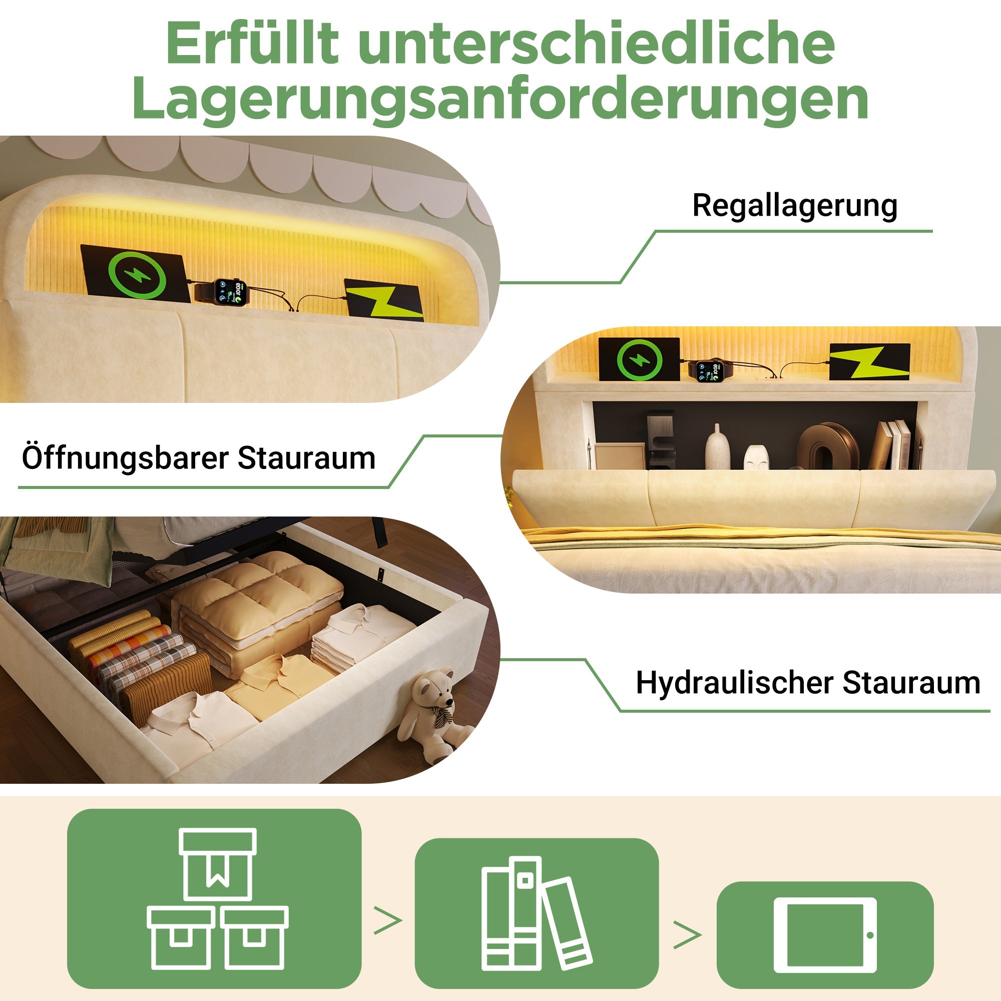 Logidon gestoffeerd bed 90x200 cm beige fluweel met opbergruimte hoofdbord, LED