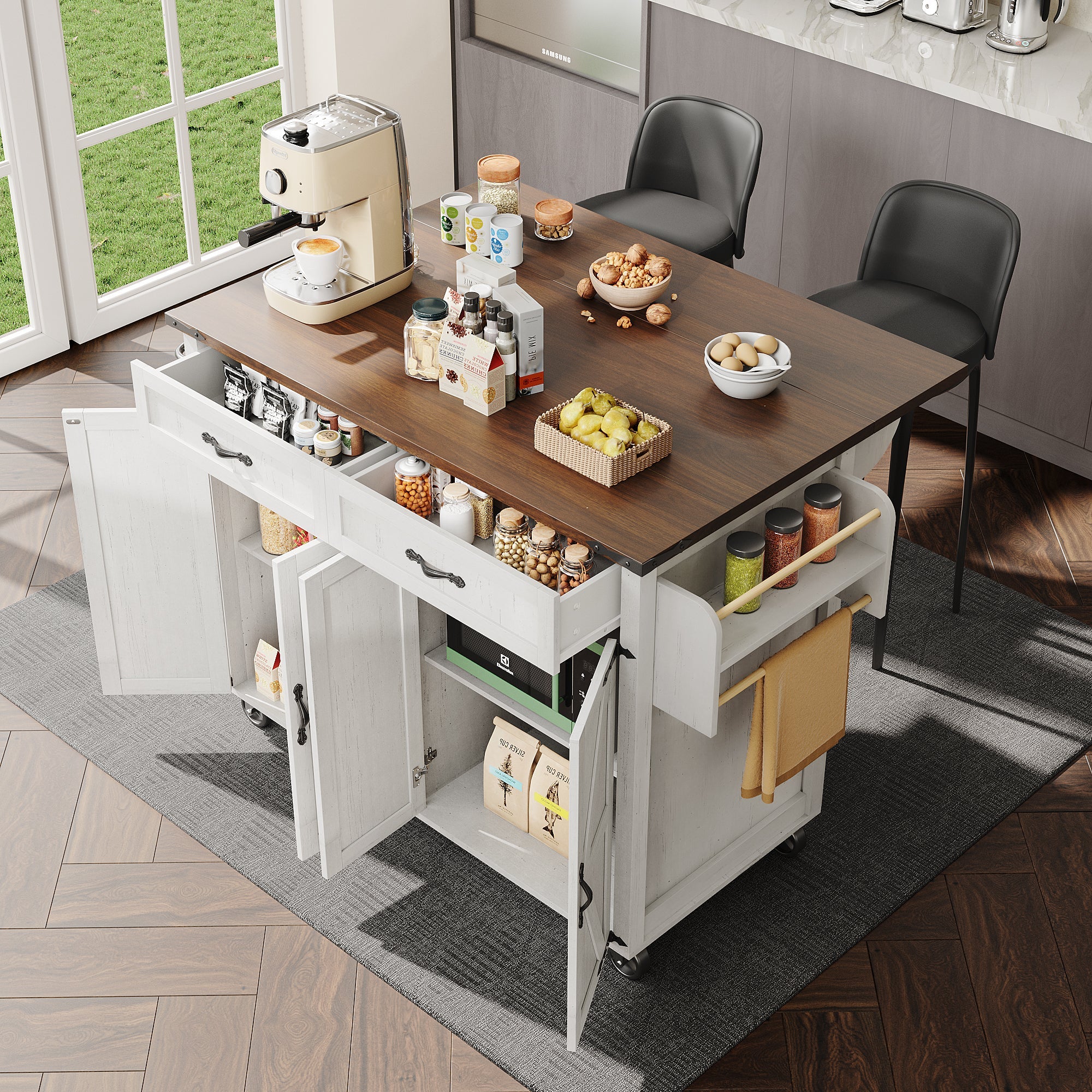 Logidon Kitchen Island With Extendable Worksheet Beige On Wheels