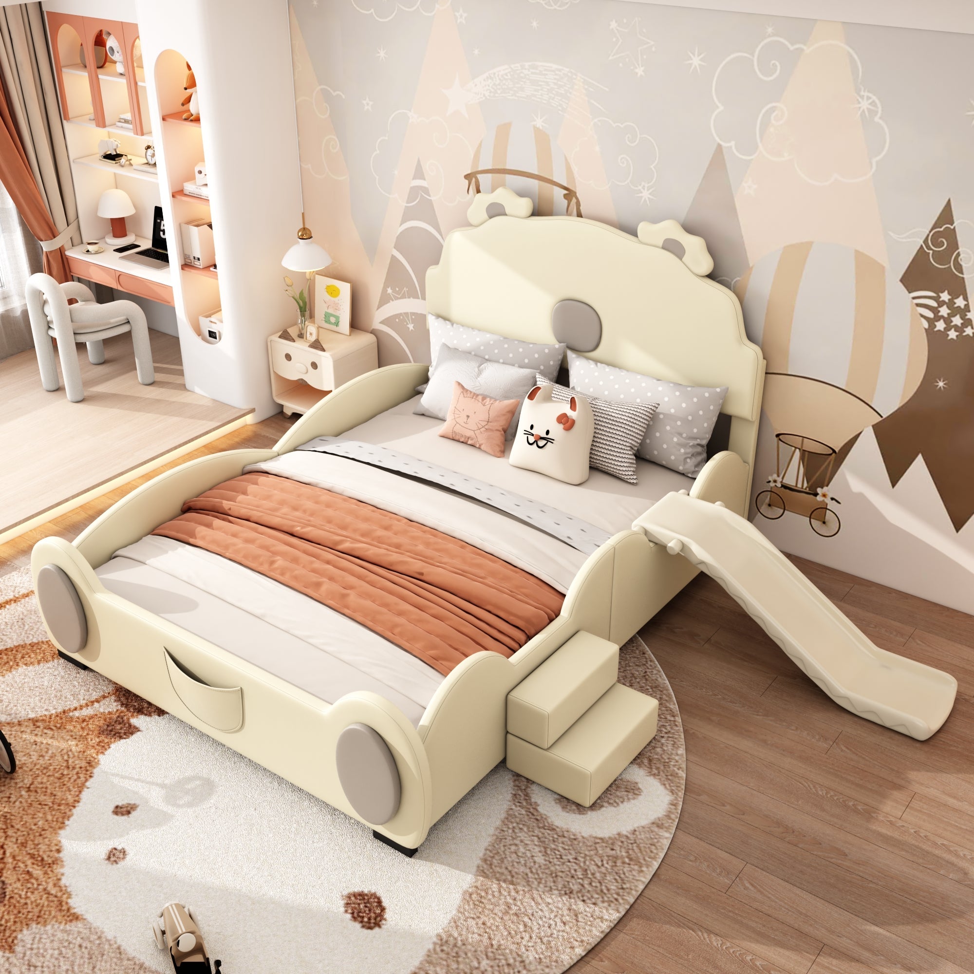 Logidon Cartoon Bear Bed 90x200 cm With Slide And Ladder Beige