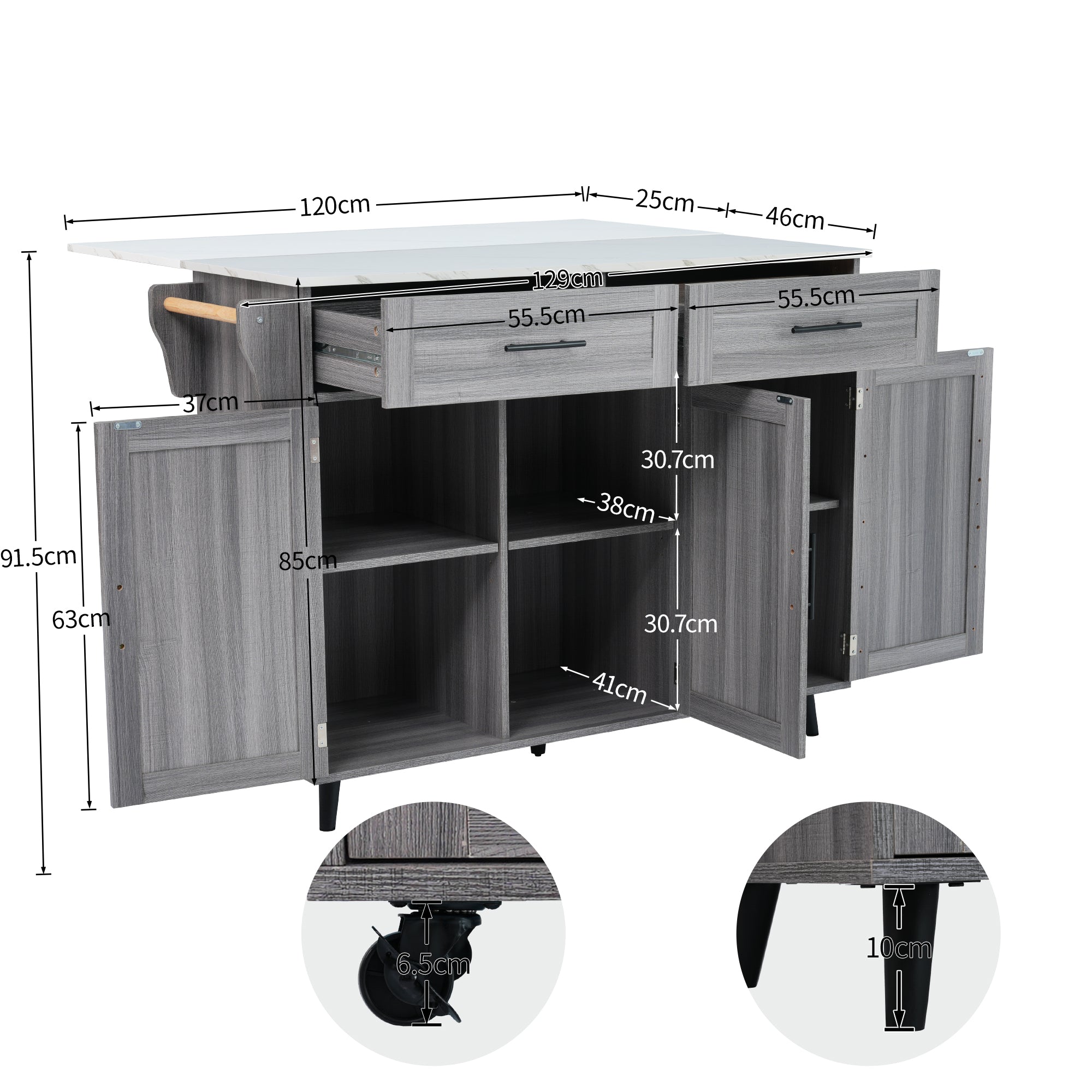 Logidon Eettafel Trolley Met Opklapbaar Blad 129x46x91,5 Wit Kaki Grijs