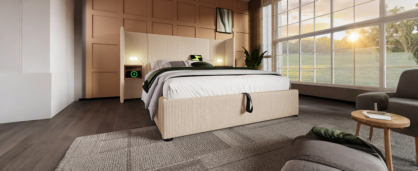 Logidon upholstered bed 160x200 beige white with USB-C charging function