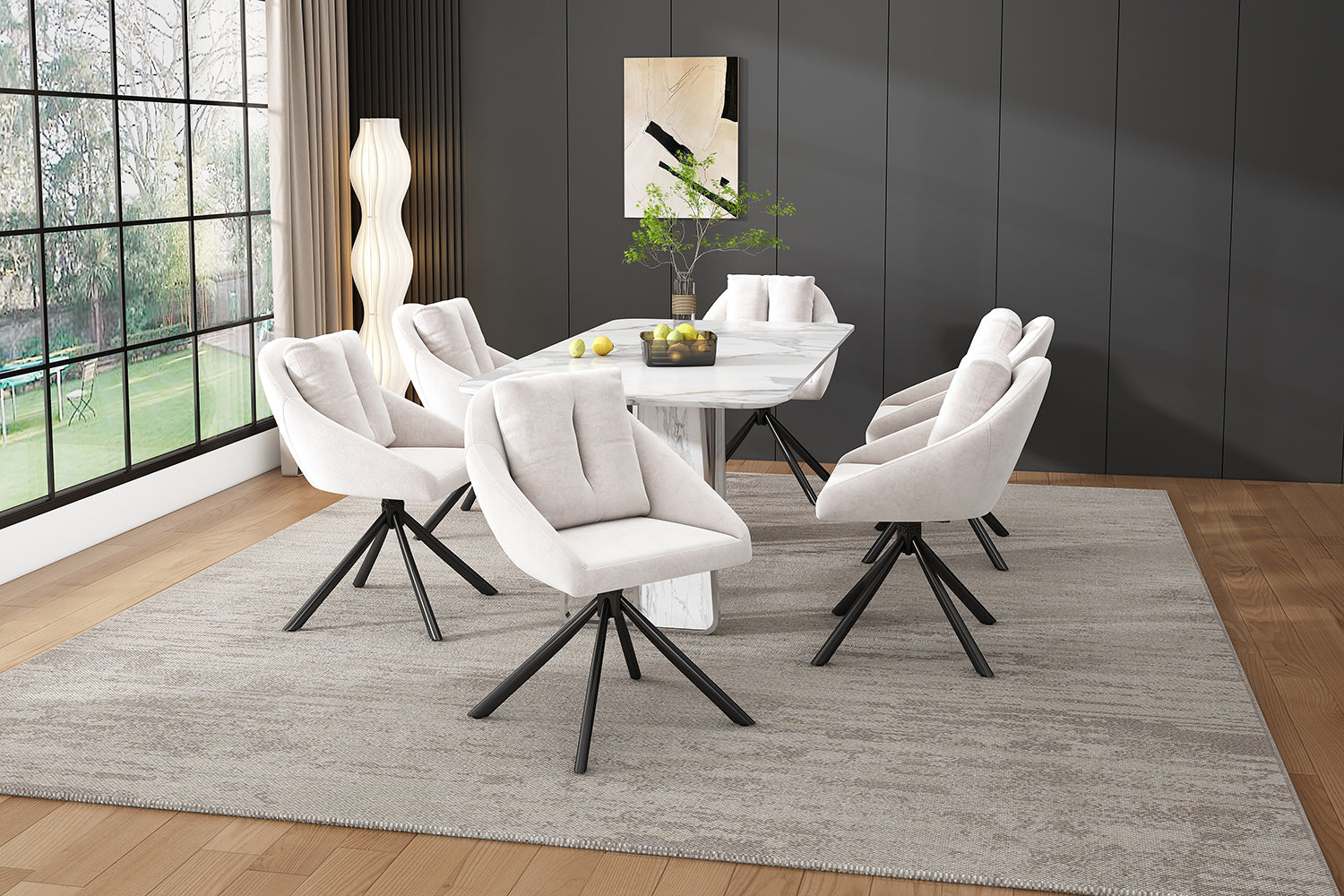 Logidon Beige Velvet Swivel Chair, Ergonomic Design, Set of 4