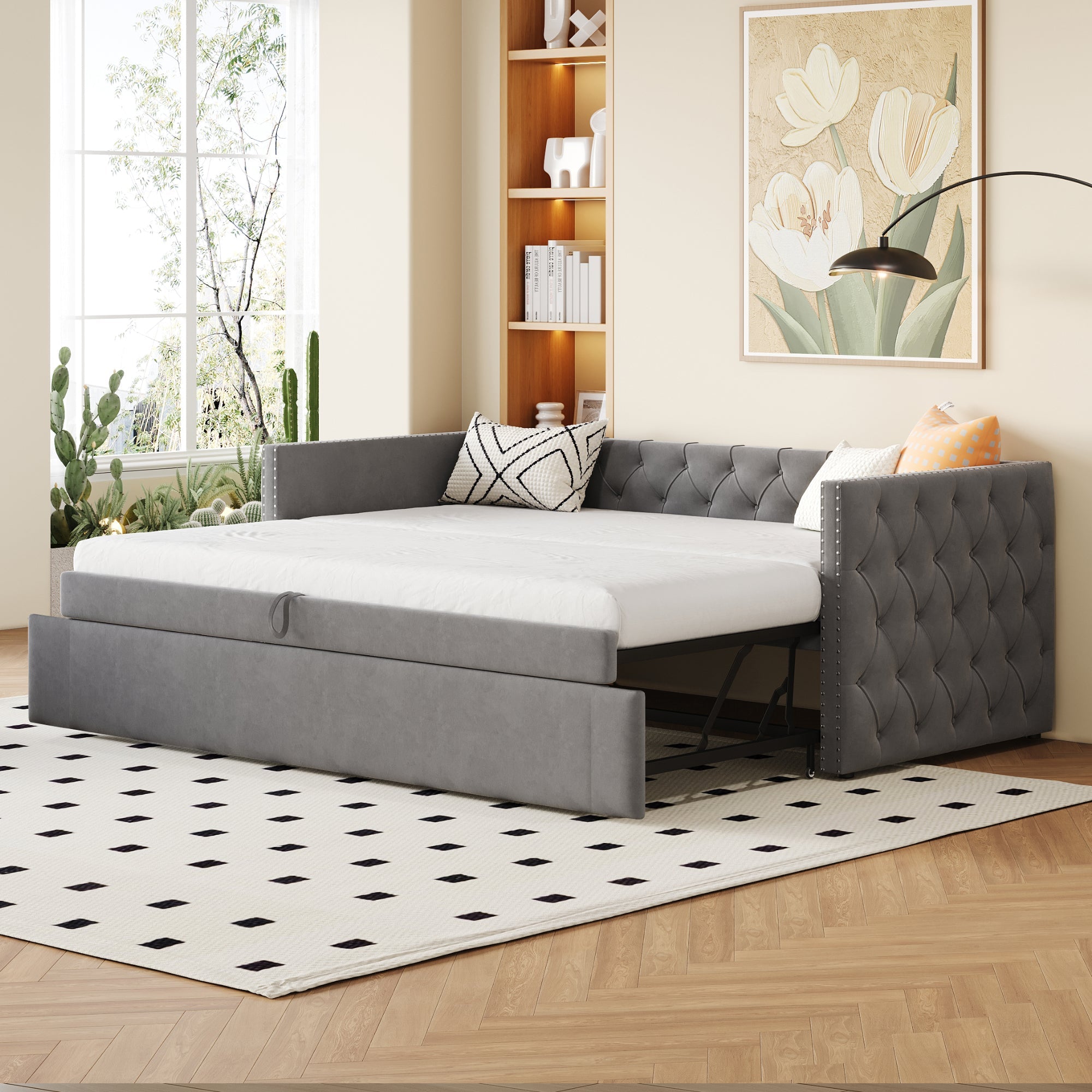 Logidon gestoffeerd bed uitschuifbare slaapbank 90x200 grijs met lattenbodem