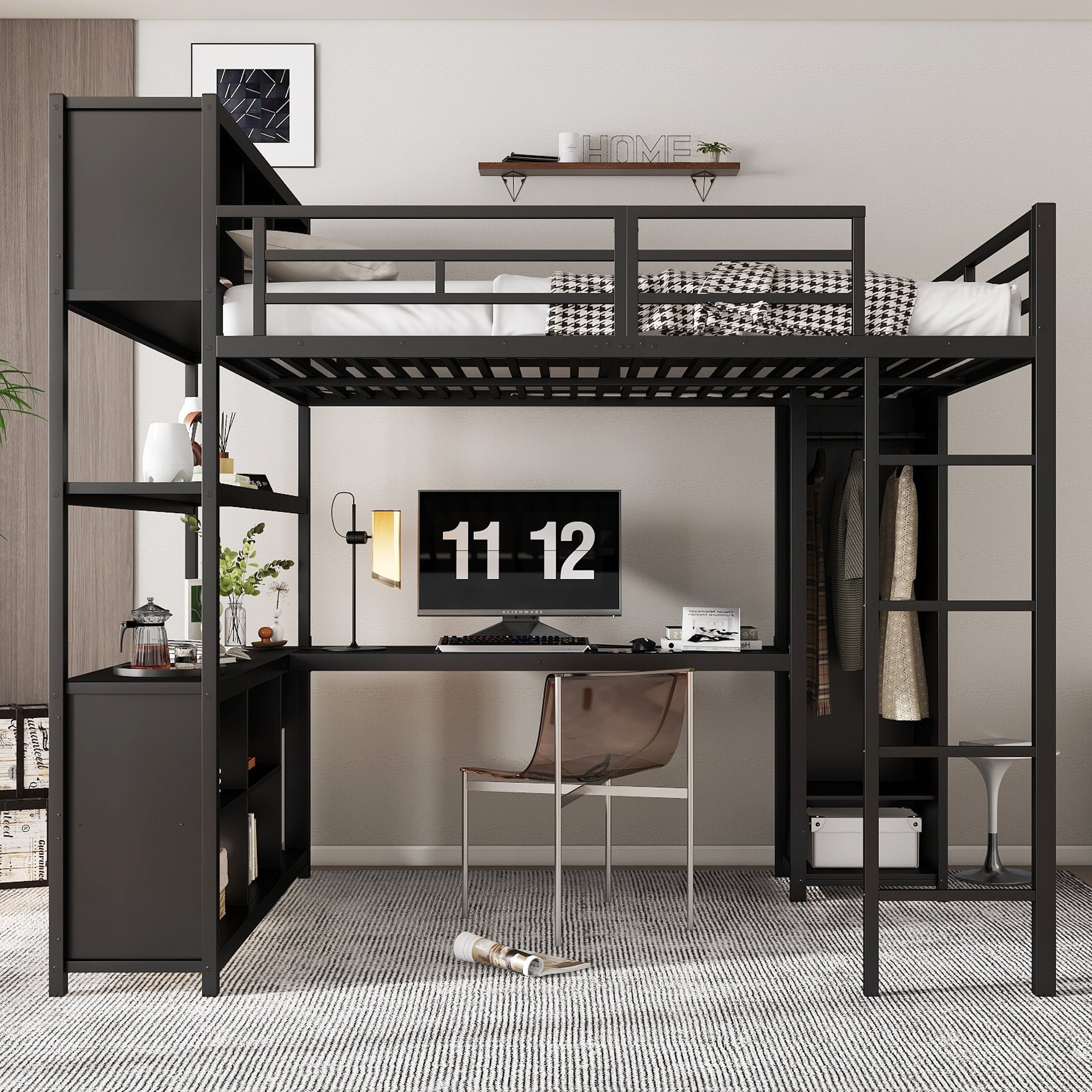 Logidon hoogslaper 140x200 zwart metaal met opbergruimte en kledingkast